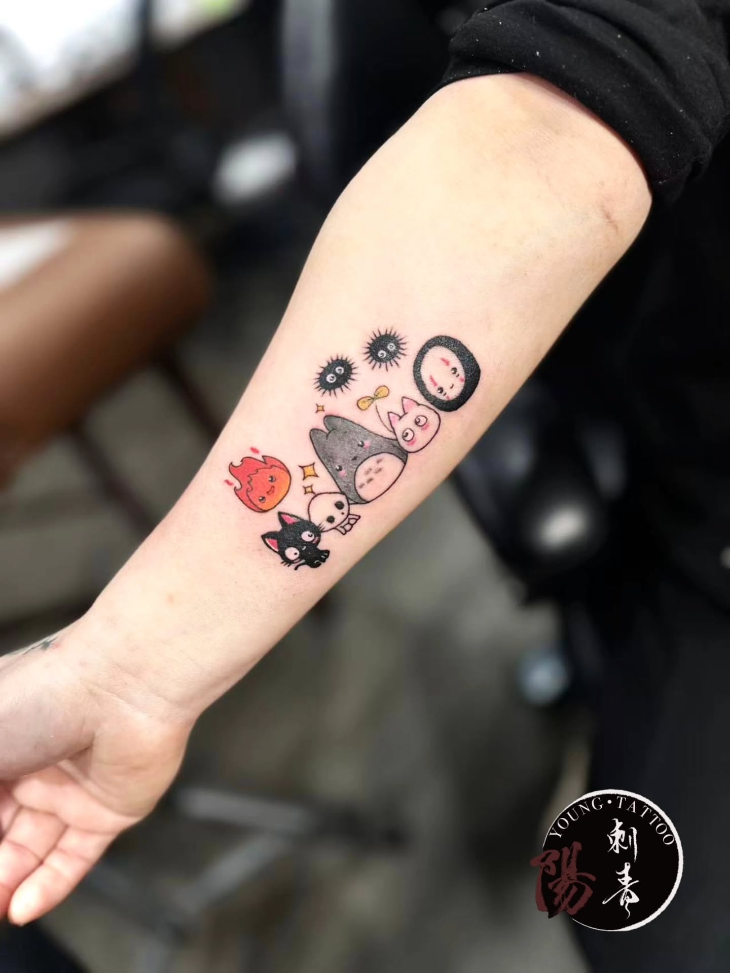 Anime characters dotwork tattoo on the forearm by Ying