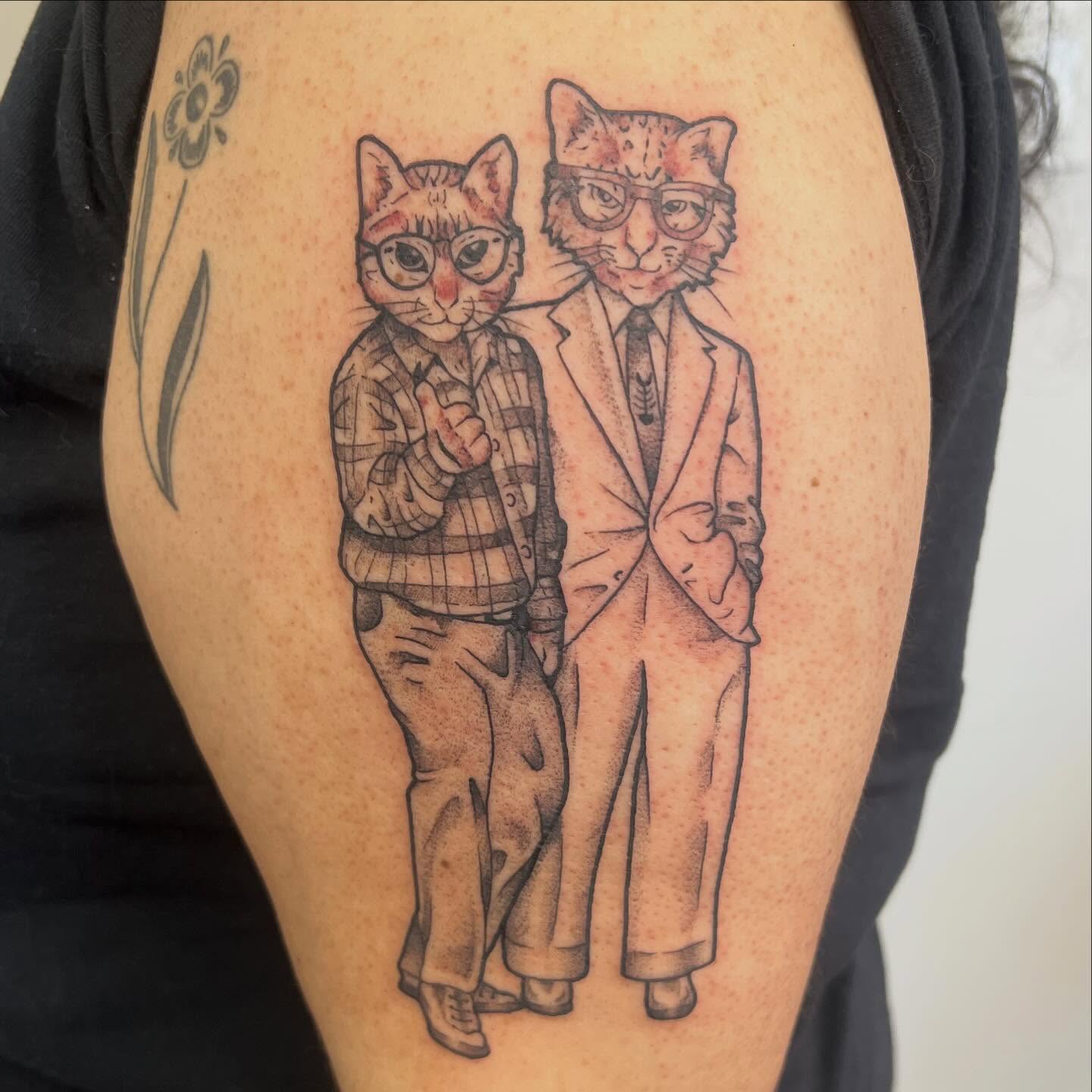 Two cats in suits realism tattoo on the thigh by 🍄‍🟫🍄Moth🍄🍄‍🟫