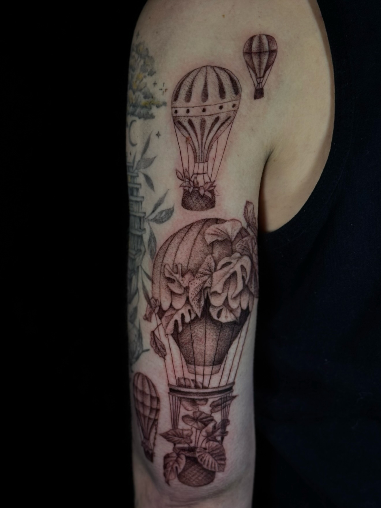 Hot air balloon dotwork tattoo on the forearm by Alyssa Fazzino ⟡ CT Tattoo Artist, Rocky Hill, Connecticut
