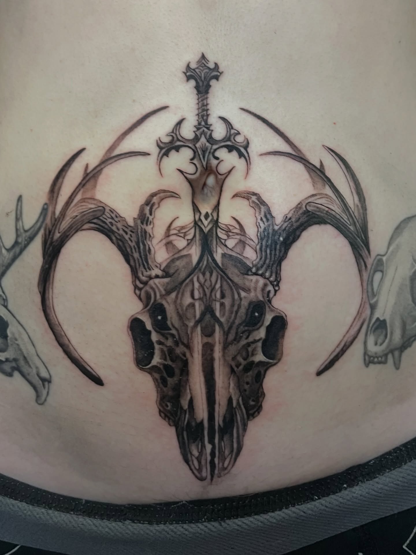 Deer skull with sword geometric tattoo on the torso by Zachary Hayden