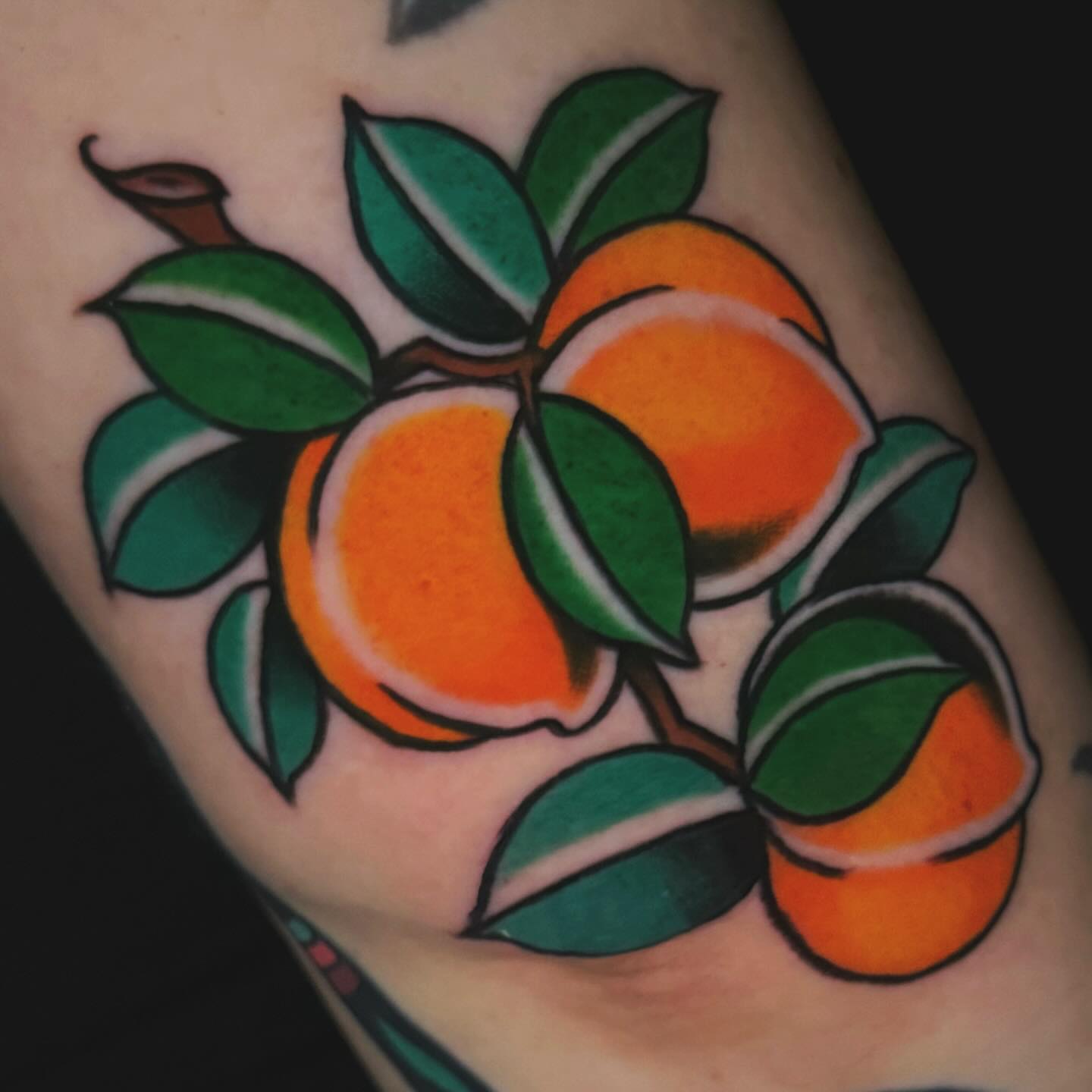 Oranges American traditional tattoo on the forearm by Nikki Bee