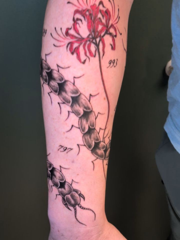 Centipedes and flower black and grey tattoo on the forearm by L U C y, Knoxville, Tennessee