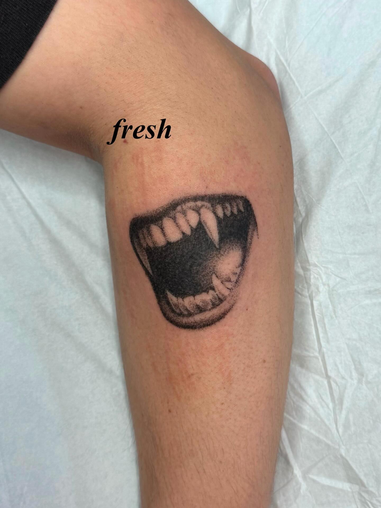 Open mouth black and grey tattoo on the forearm by πΏππΌππ πππππππ
