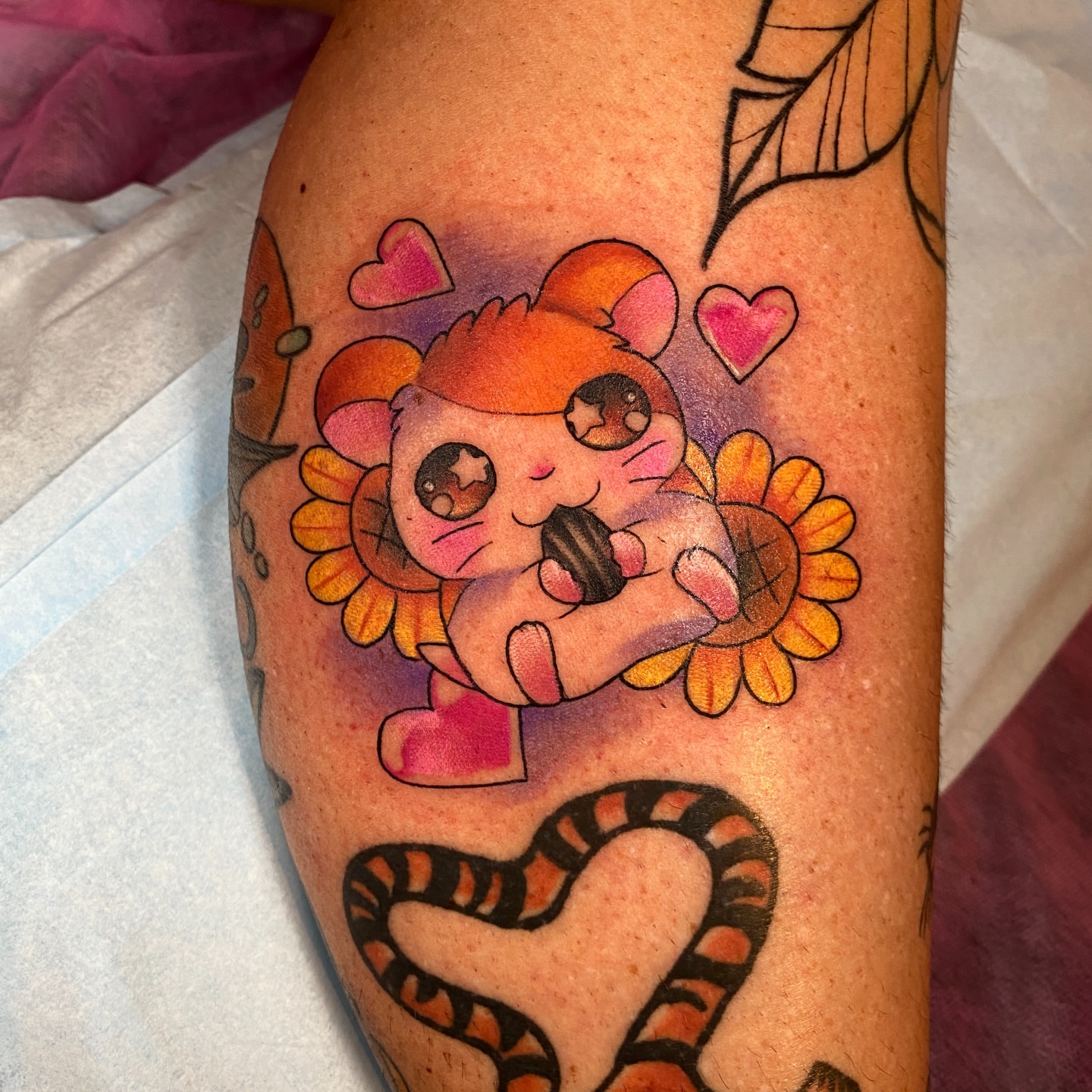 Kawaii cat new school tattoo on the thigh by Amy Porter