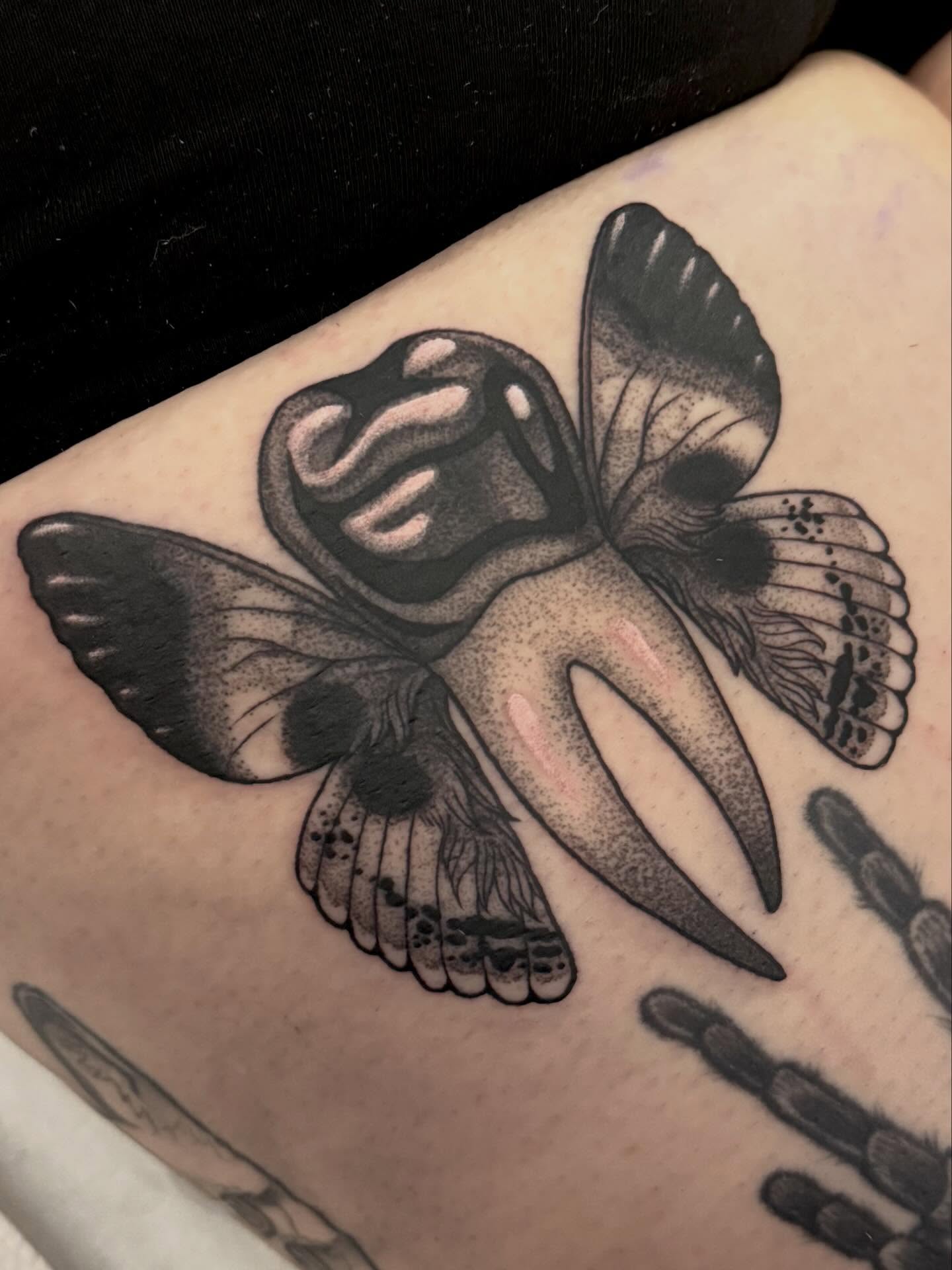 Butterfly dotwork tattoo on the forearm by leanna patterson, Ruston, Louisiana