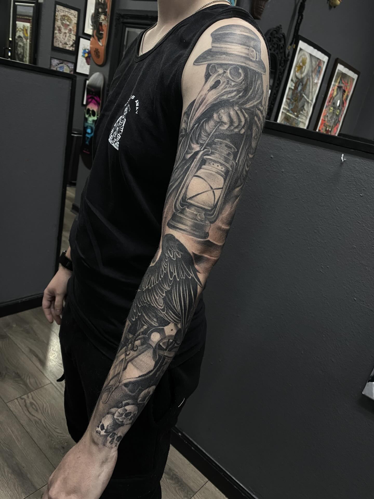 Plague doctor realism tattoo on the forearm by K A R L y K I T S O N