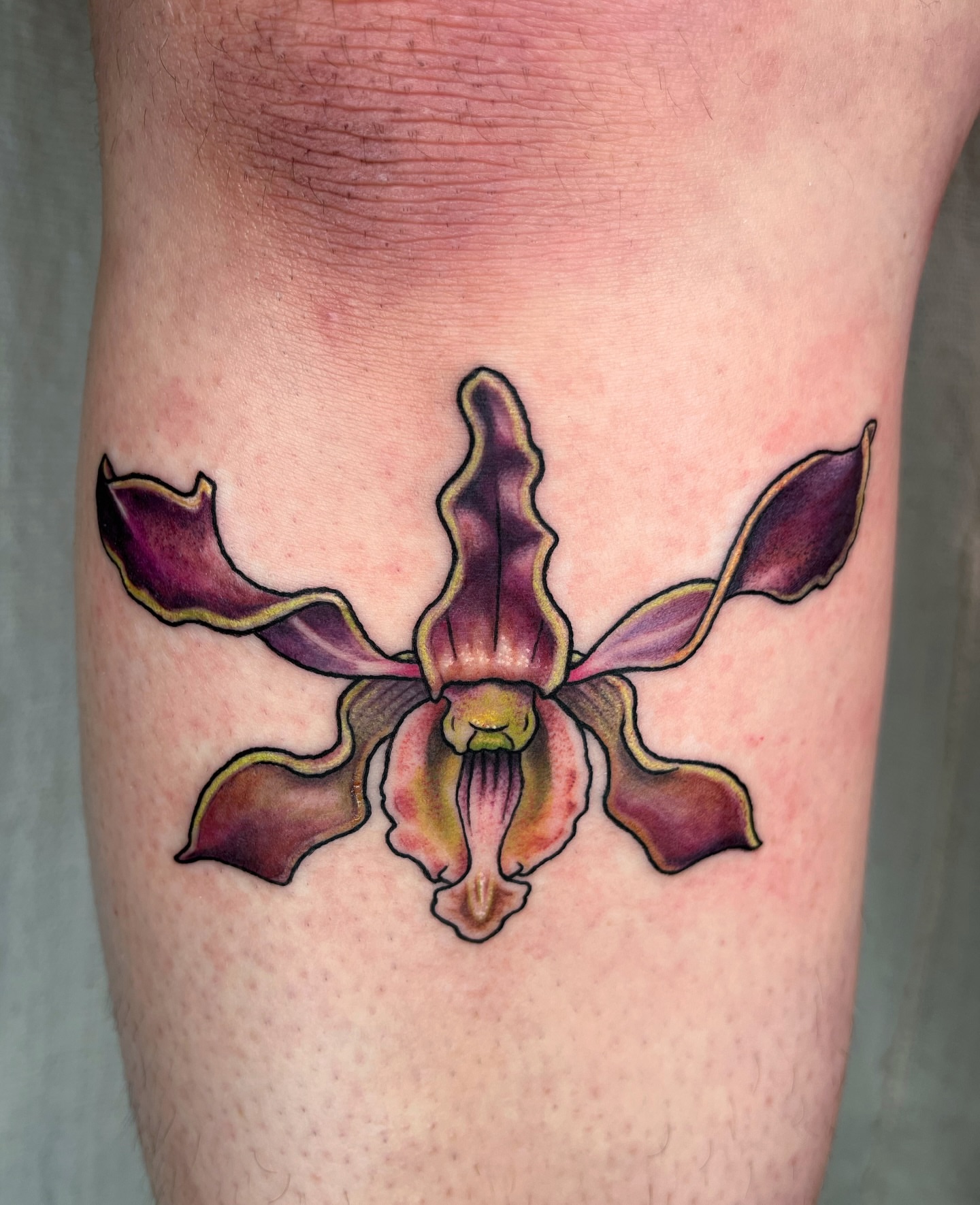 Orchid realism tattoo on the leg by Maris Hare, Philadelphia, Pennsylvania