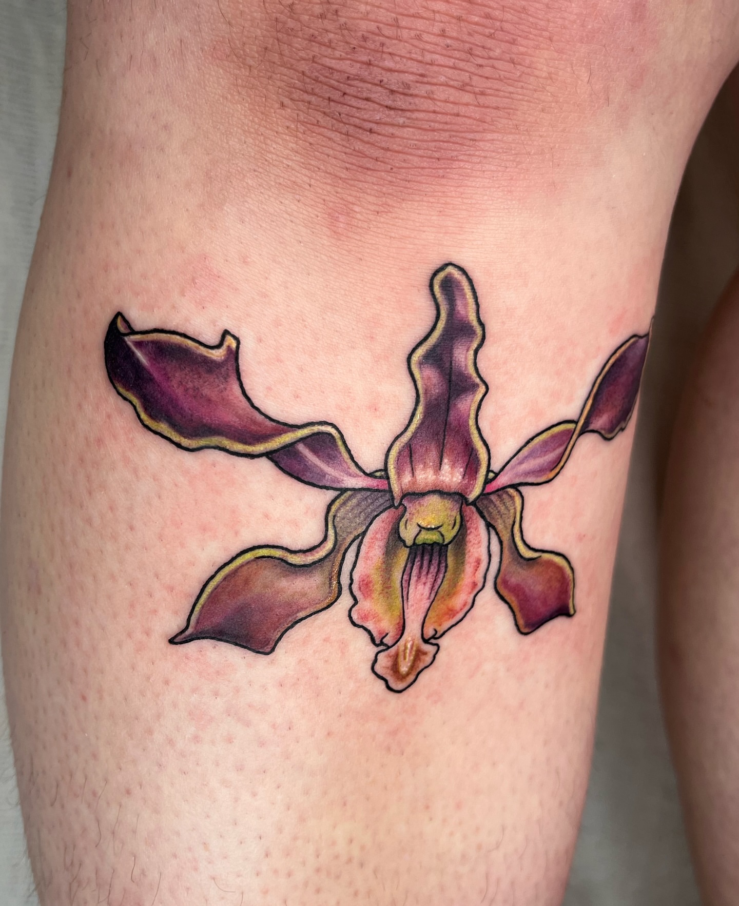 Orchid realism tattoo on the thigh by Maris Hare, Philadelphia, Pennsylvania