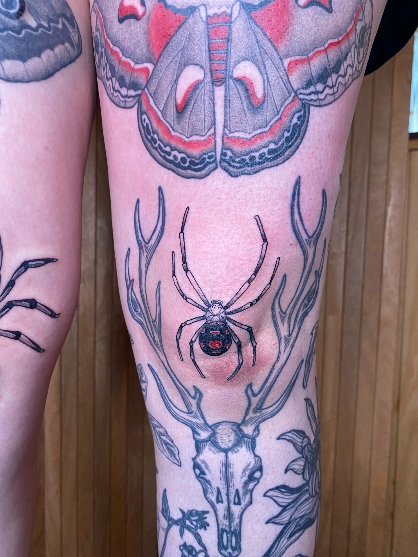 Spider American traditional tattoo on the leg by Avery Kane
