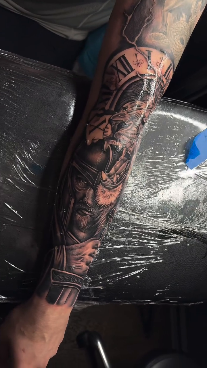 Tiger and clock sleeve realism tattoo by Licensed Tattoo Artist πΈπ»