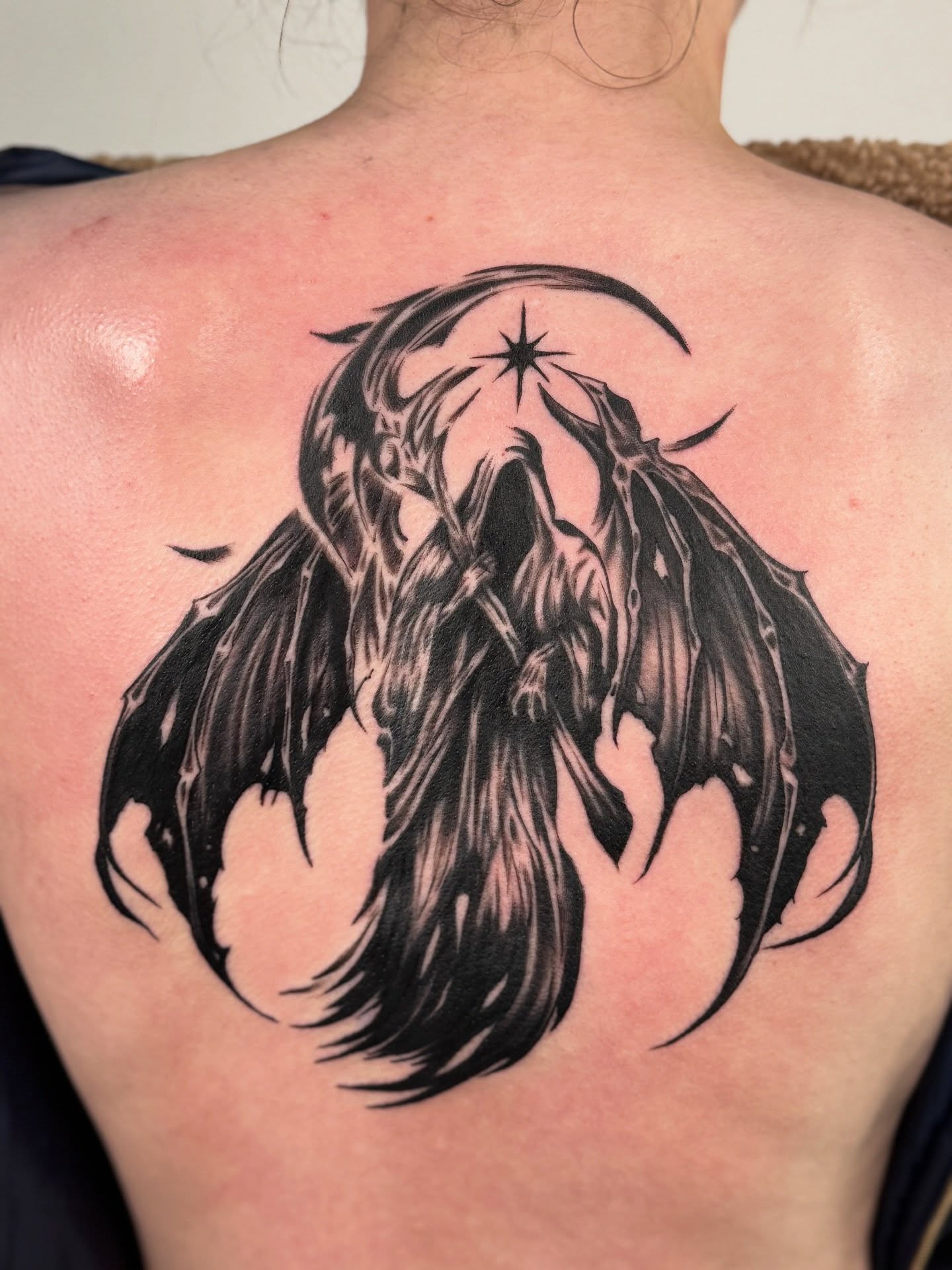 Demon black and grey tattoo on the back by Glory Pechonis πΏ