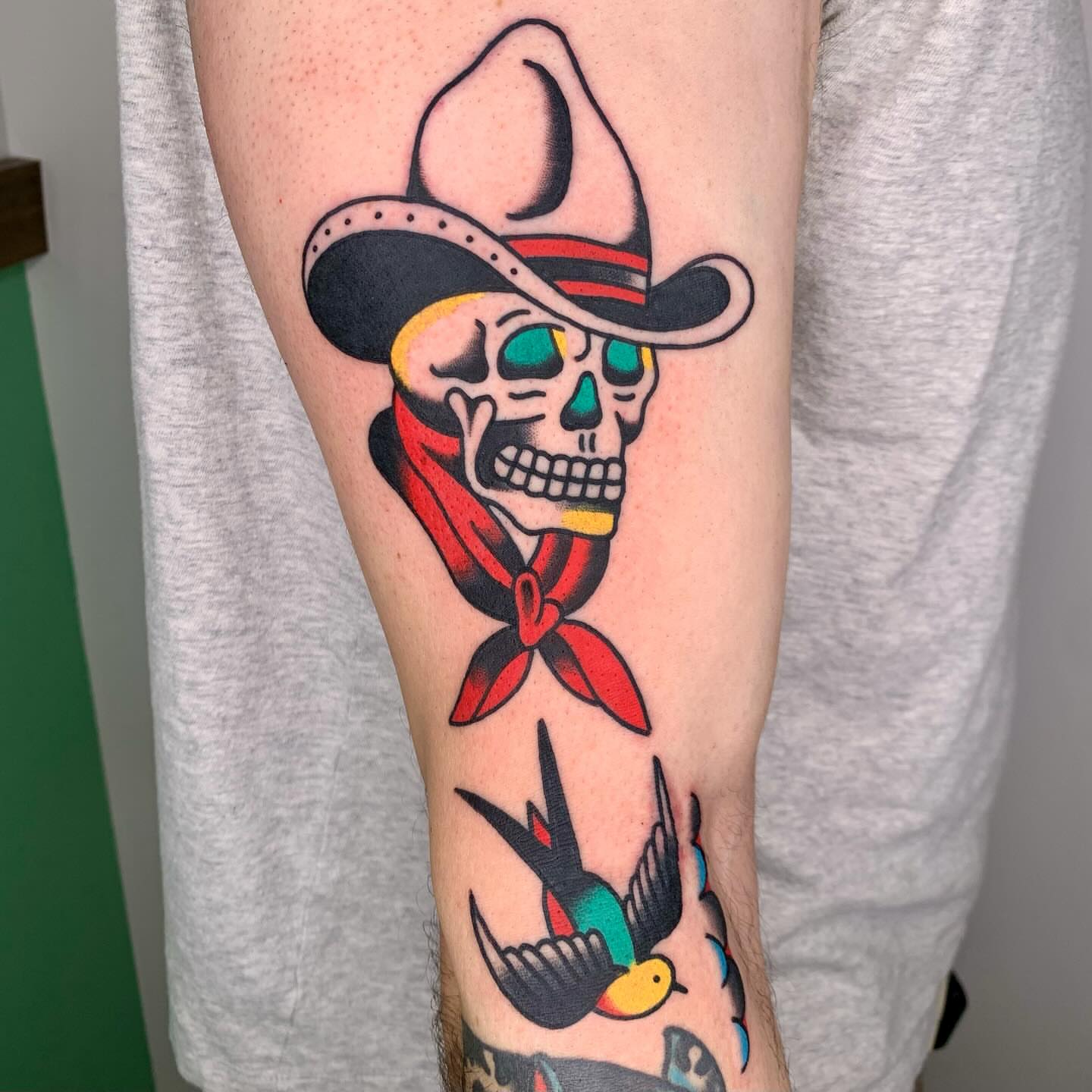 Cowboy skull American traditional tattoo on the forearm by Keegan Bergen