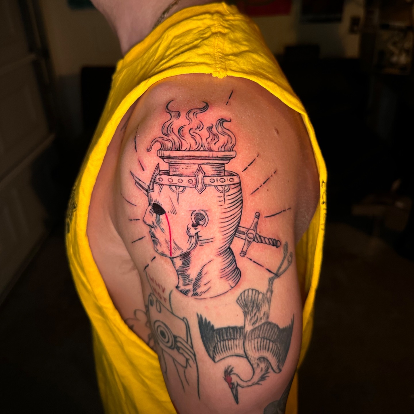 Steam engine American traditional tattoo on the shoulder by Quin Walker