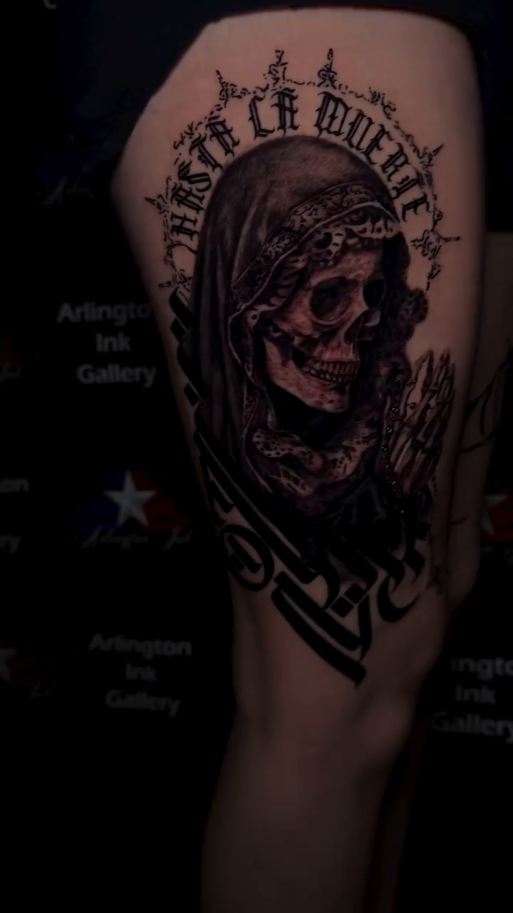Grim Reaper with praying hands dark realism tattoo by Neeko