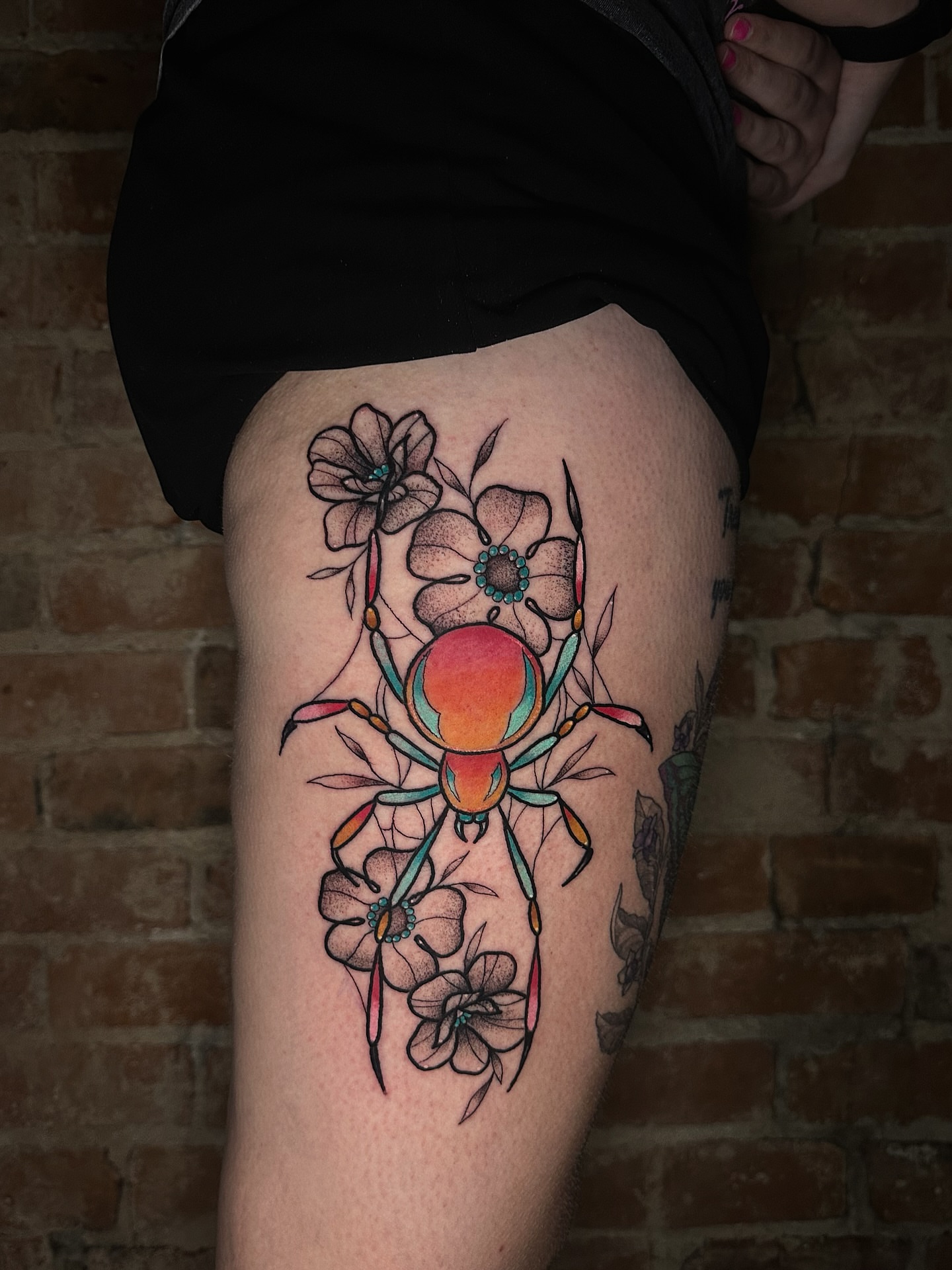 Spider and flowers dotwork tattoo on the thigh by E L I Z A H B e T H H D e S I G N S