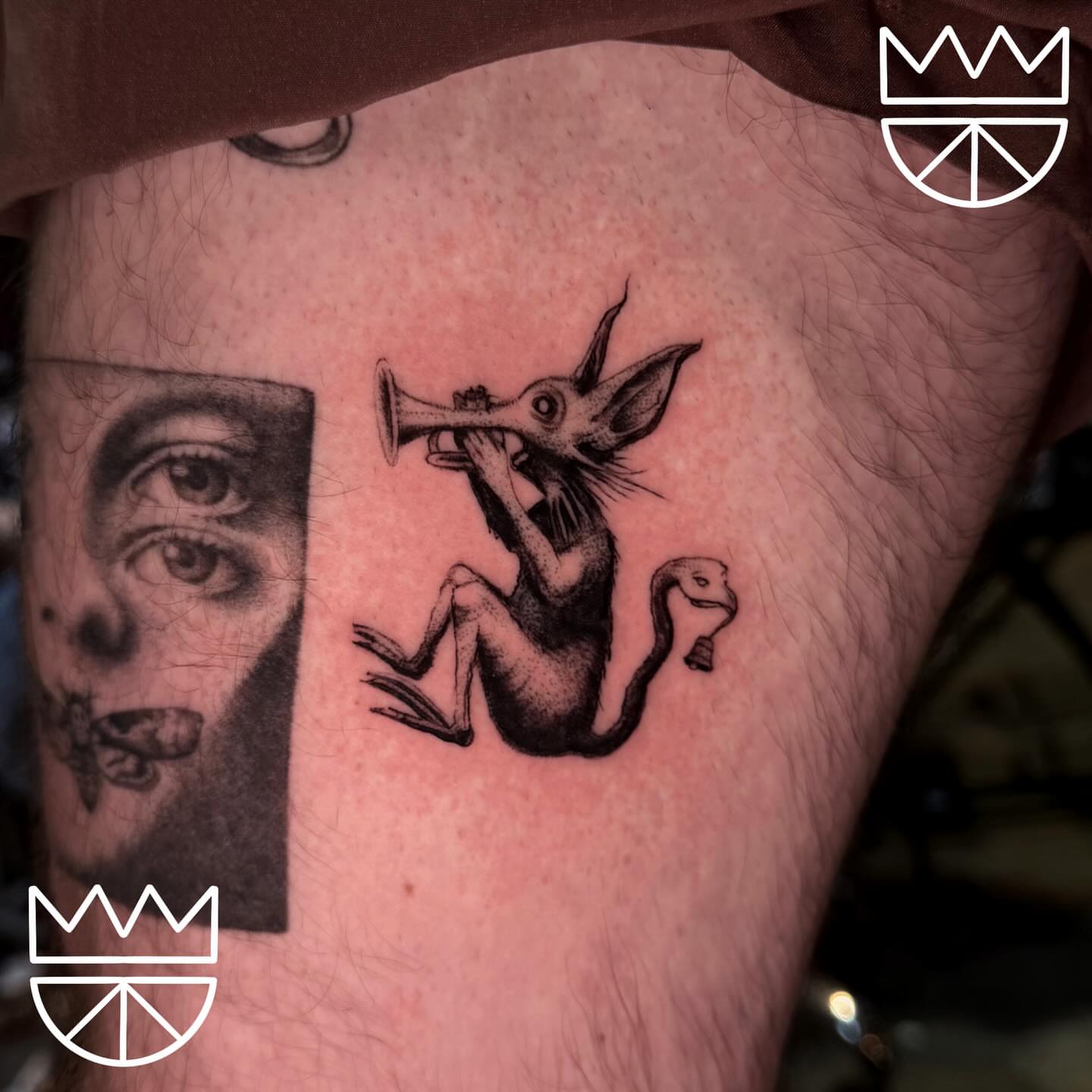 Rabbit playing trumpet dotwork tattoo on the forearm by Prncjordn, Stallings, North Carolina