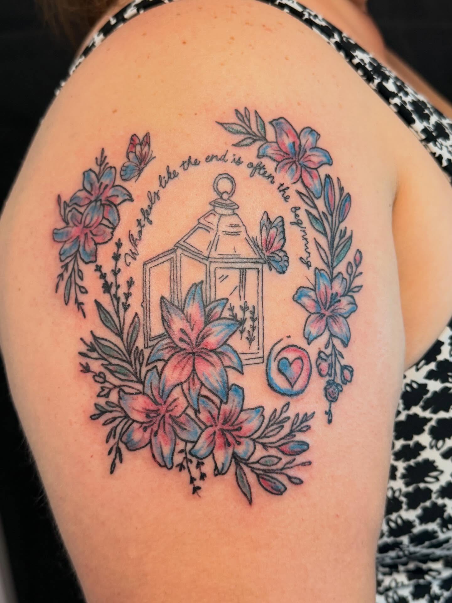 Floral lantern new school tattoo on the shoulder by cortez