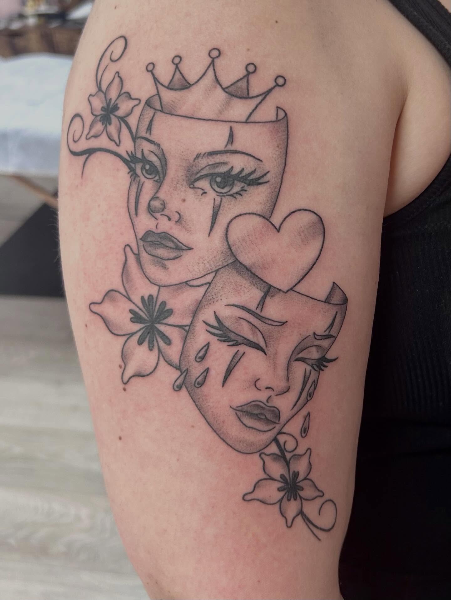 Mask and heart black and grey tattoo on the forearm by Red✨, Gansevoort, New York