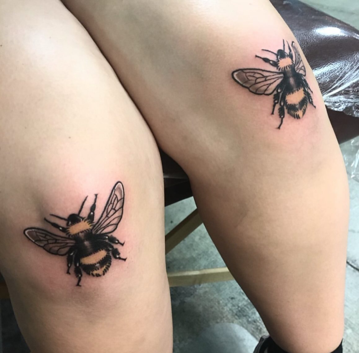 Bumblebee realism tattoo on the thigh by Brandon Harrison, Kansas City, Missouri