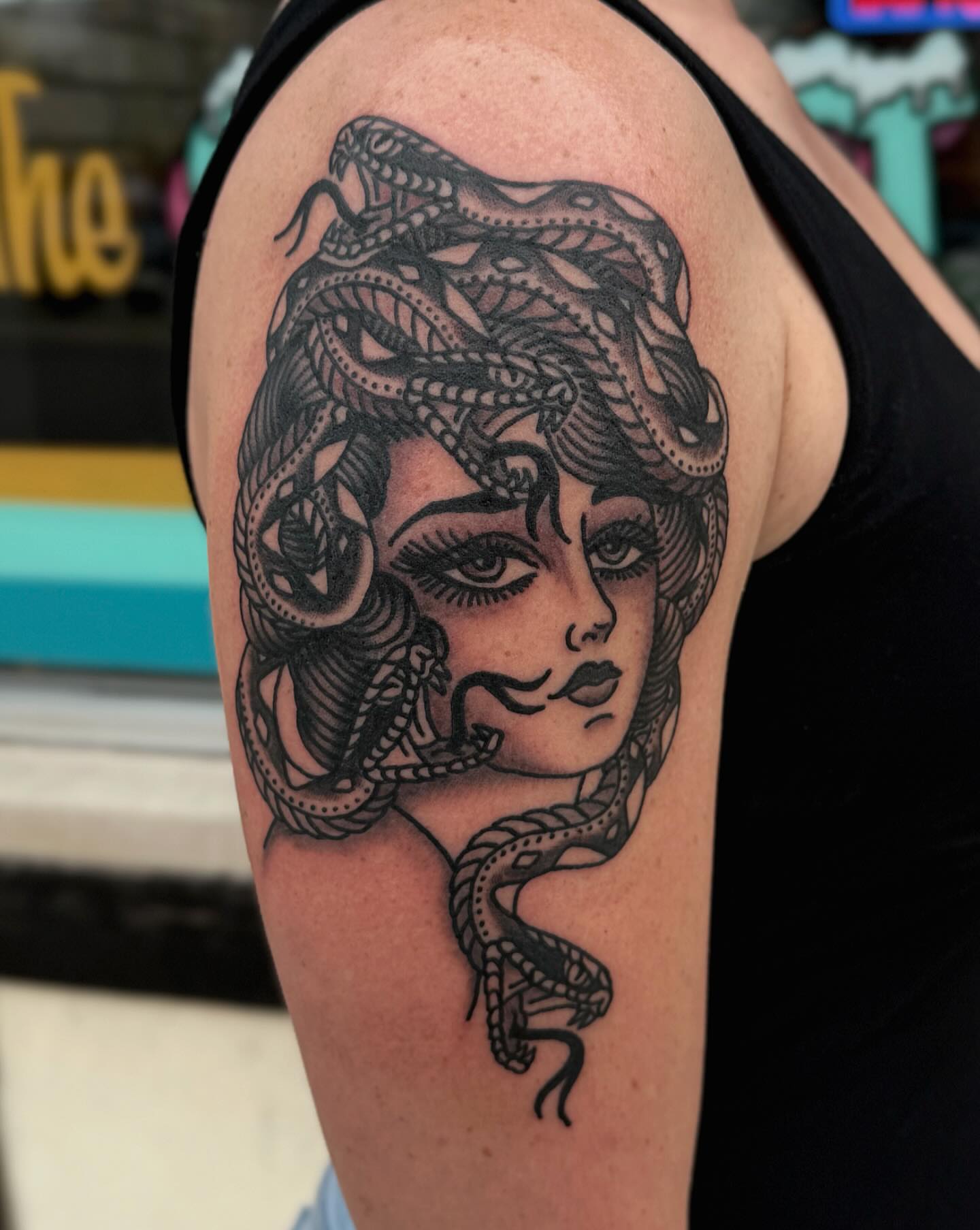 Medusa realism tattoo on the shoulder by Patrick Miller, Huber Heights, Ohio