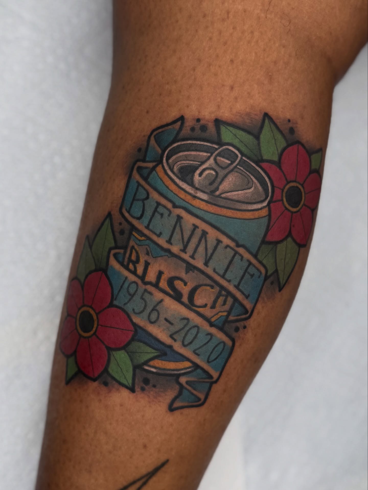 Bennie Busch memorial American traditional tattoo on the forearm by T Dubs ✏️