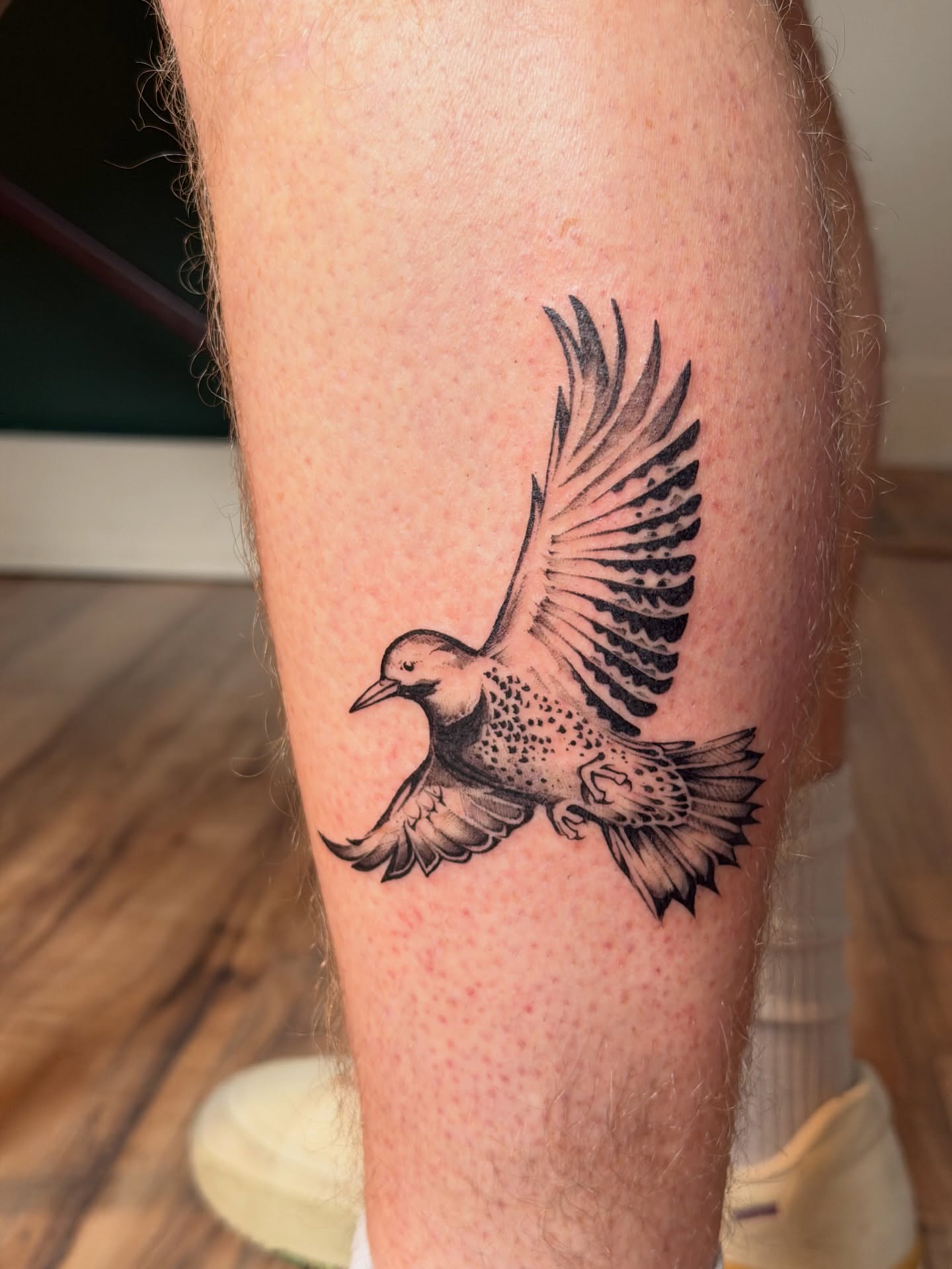 Bird black and grey tattoo on the leg by Kingtide Ink