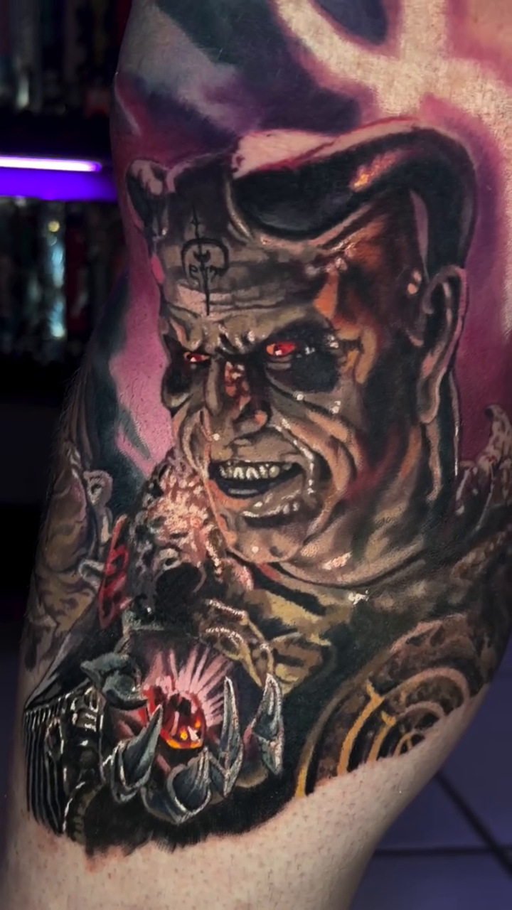 Demon face with glowing eyes realism tattoo by Steven Pelkey, Eastpointe, Michigan