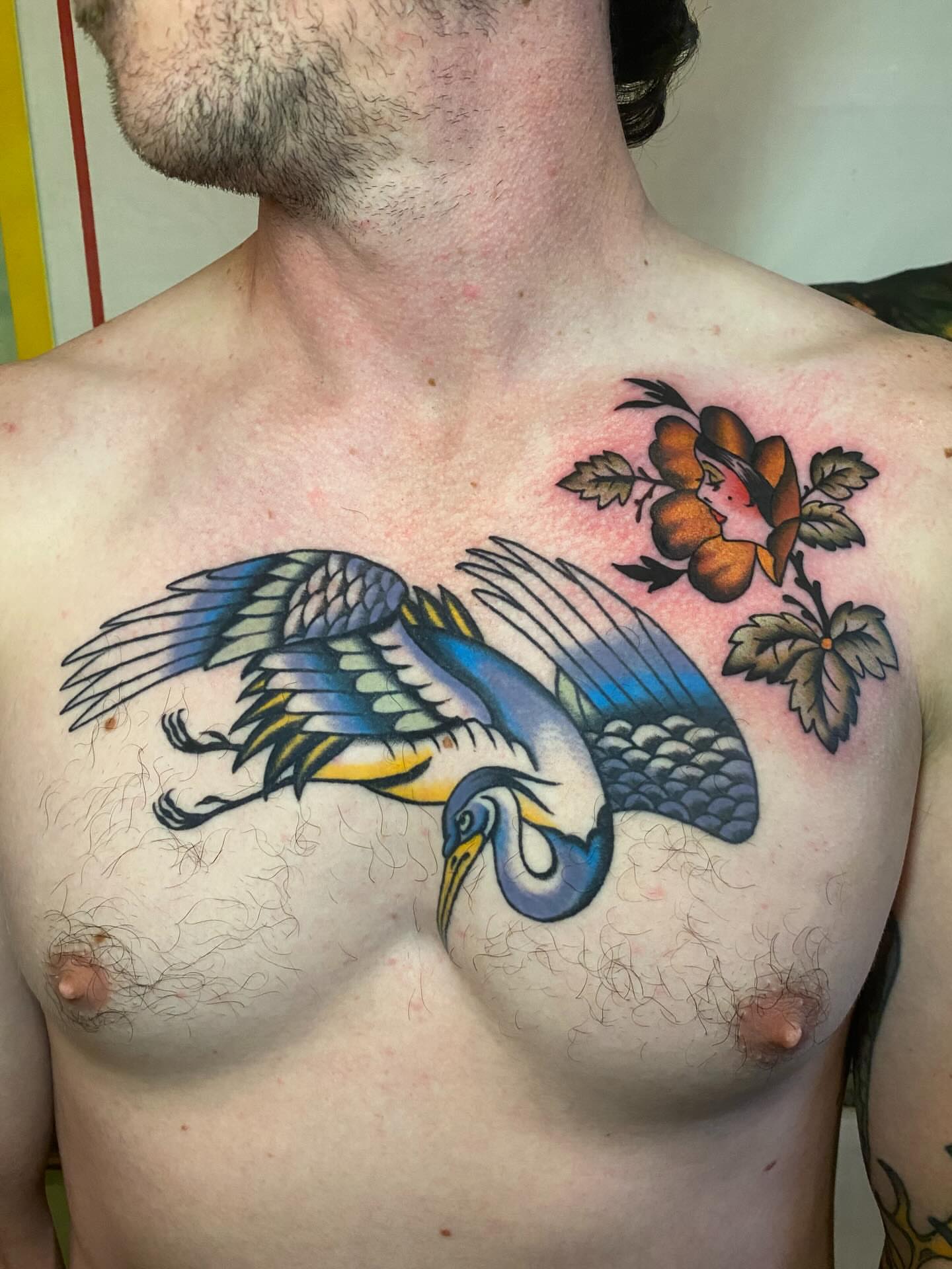 Heron American traditional tattoo on the chest by Jaclin Grace Hastings