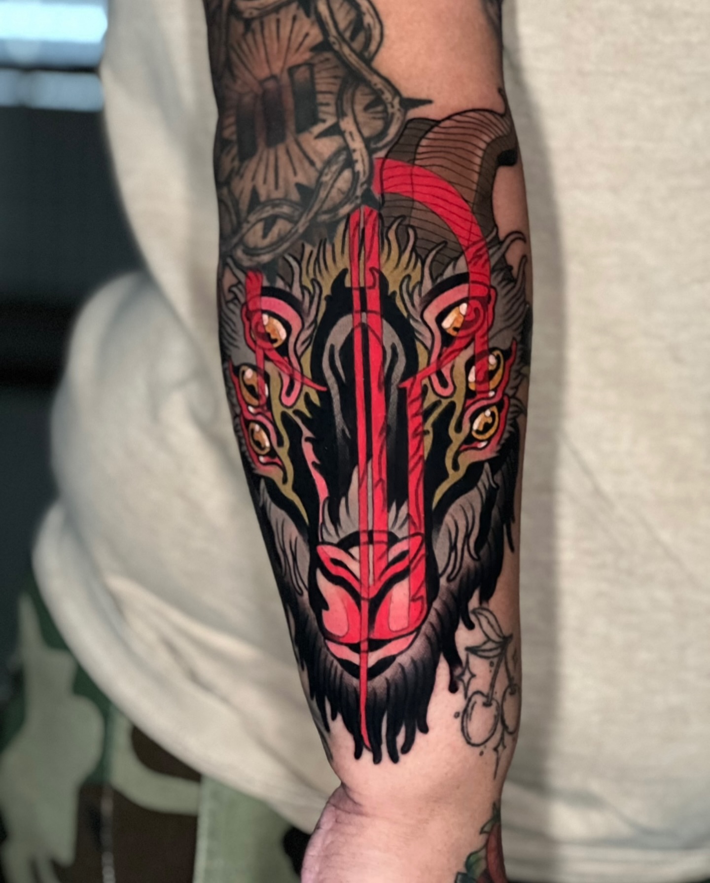 Lion American traditional tattoo on the forearm by Tyler Wright