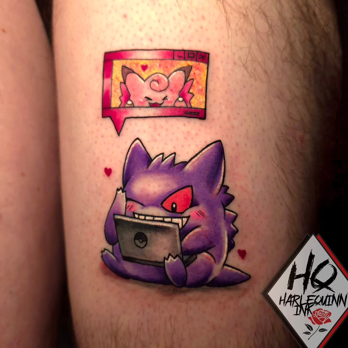 Gengar dotwork tattoo on the thigh by HarleQuinn_Ink
