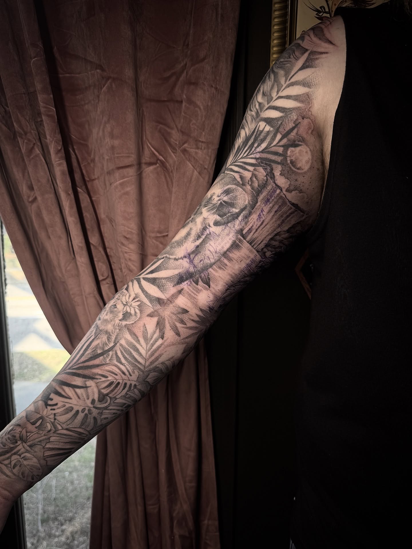 Floral and leaf pattern black and grey tattoo on the upper arm by Bethbeforedishonor, Rochester, New York