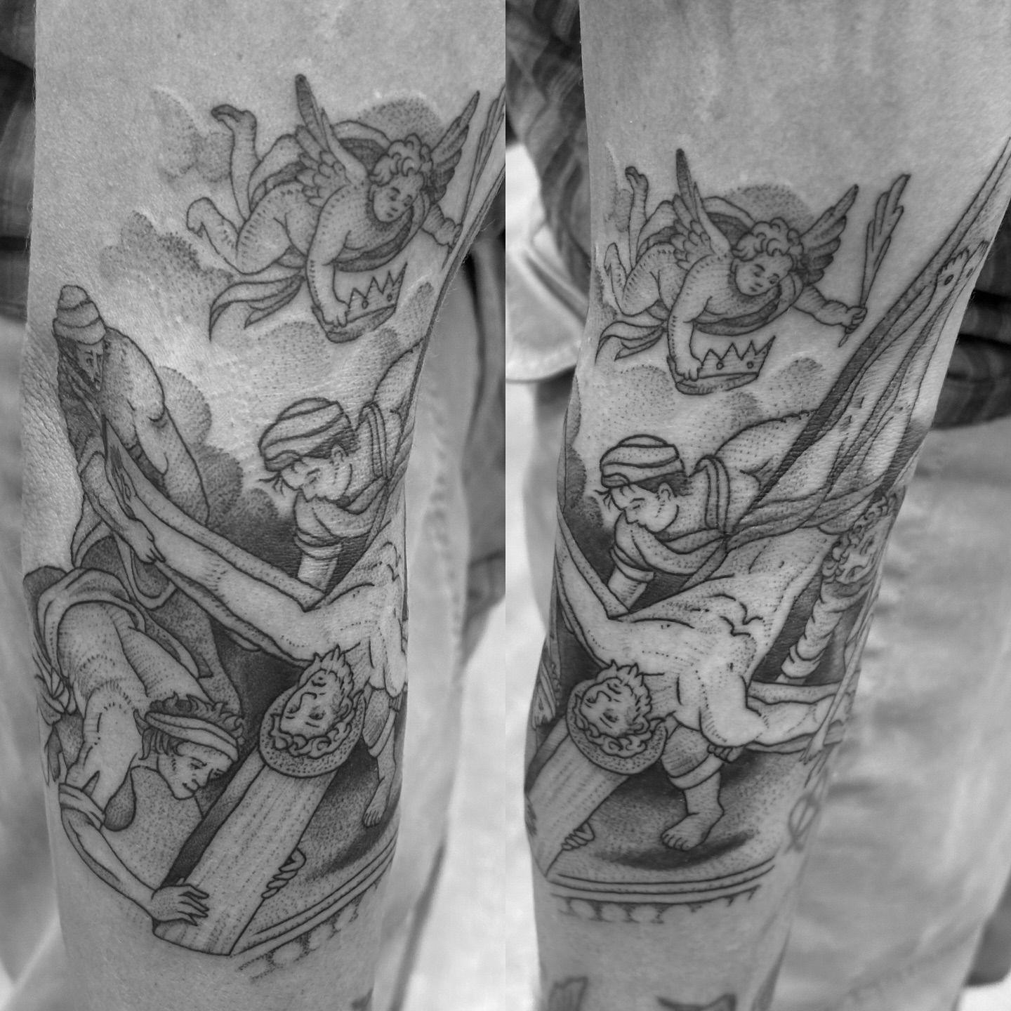 Religious scene dotwork tattoo on the forearm by Jason Allen, Avondale, Arizona