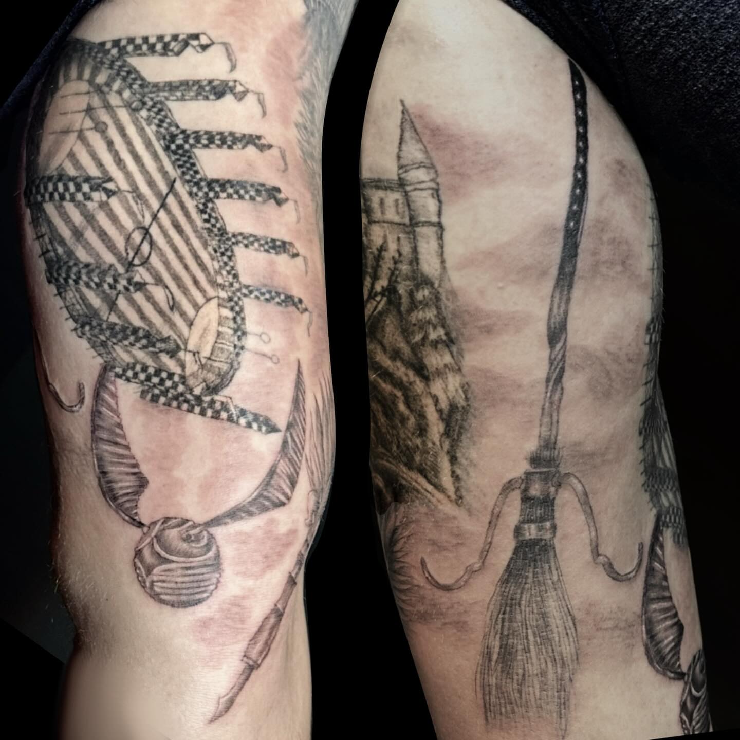 Scorpion and harry potter broom geometric tattoo on the forearm by 🌜🔮✨Anya Casey✨🔮🌛