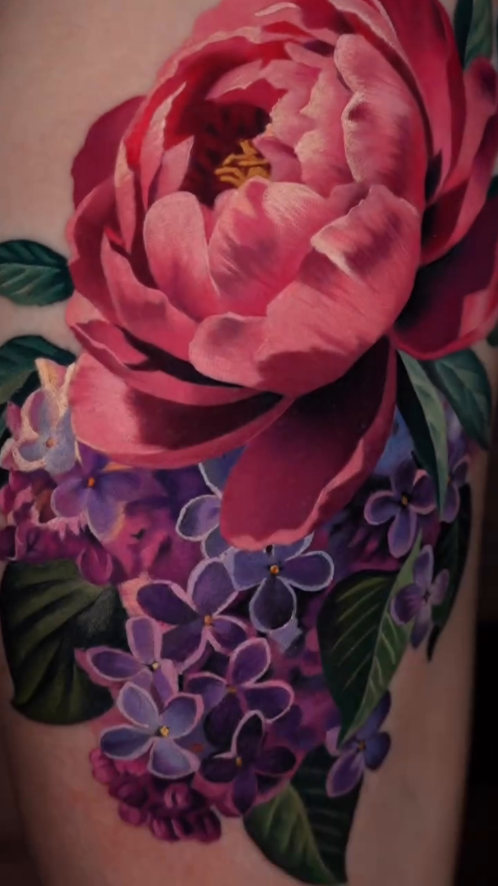 Peony and lilac flowers realism tattoo by color realism tattoos by gela✨