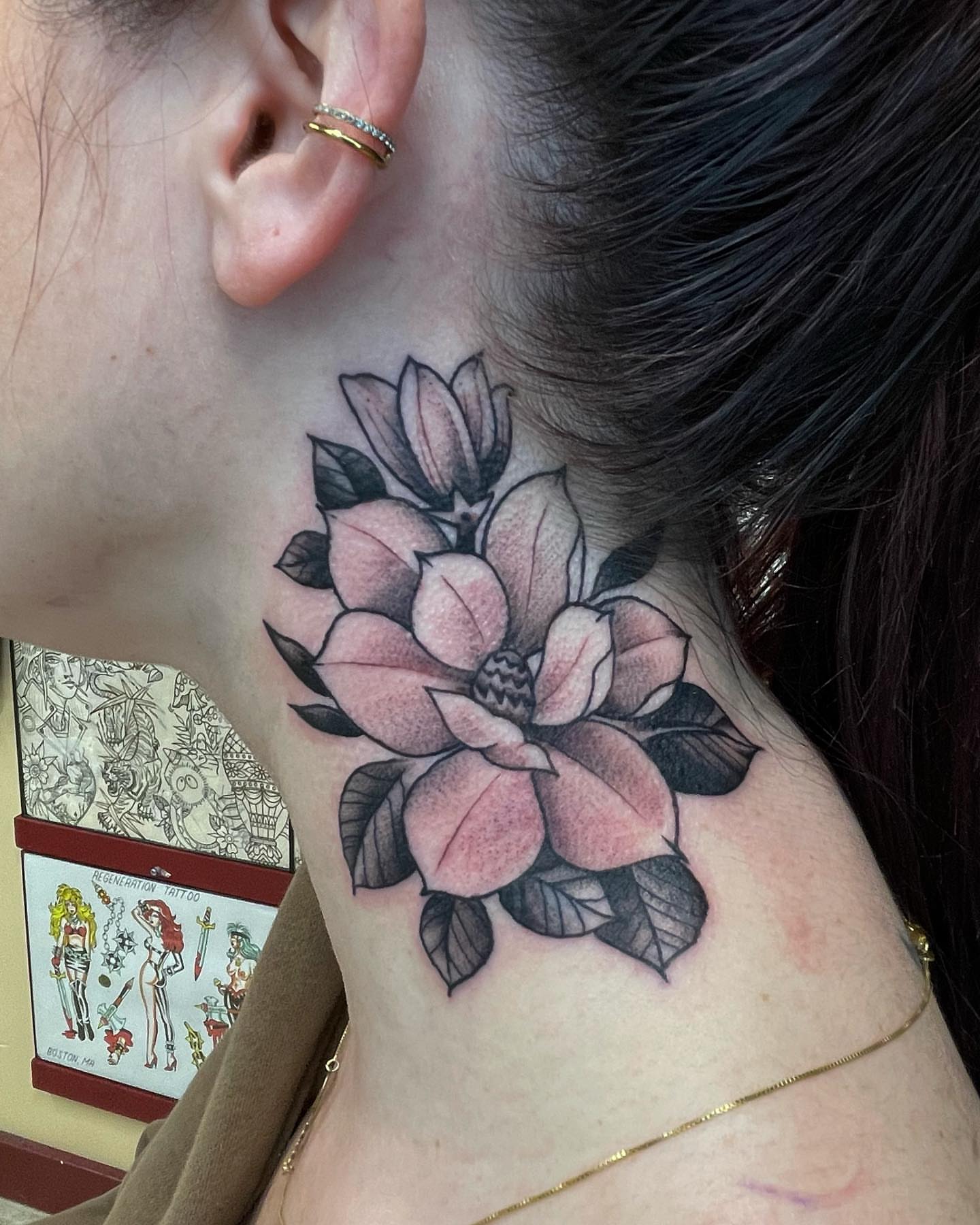 Magnolia flowers realism tattoo on the neck by Gerald Bellmore