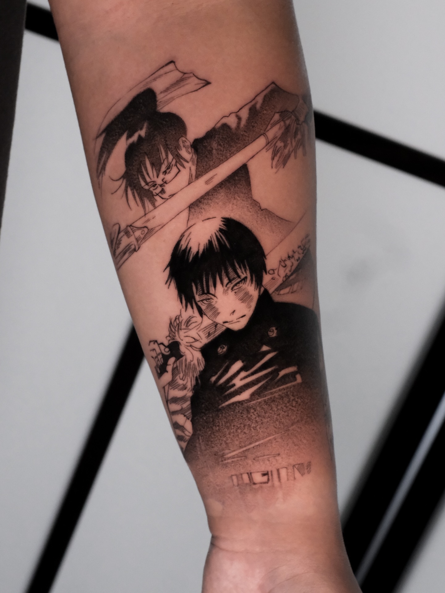 Anime characters anime tattoo on the forearm by Yakir, Houston, Texas