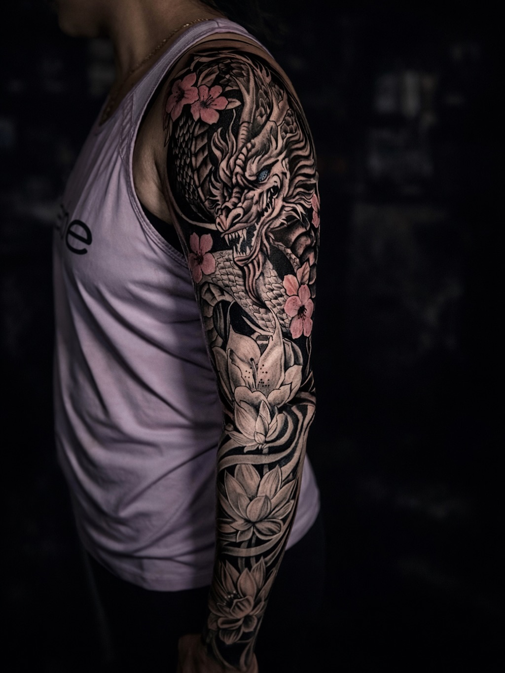 Dragon and lotus flowers Japanese tattoo on the upper arm by Andres Calvo🇺🇸🇨🇴