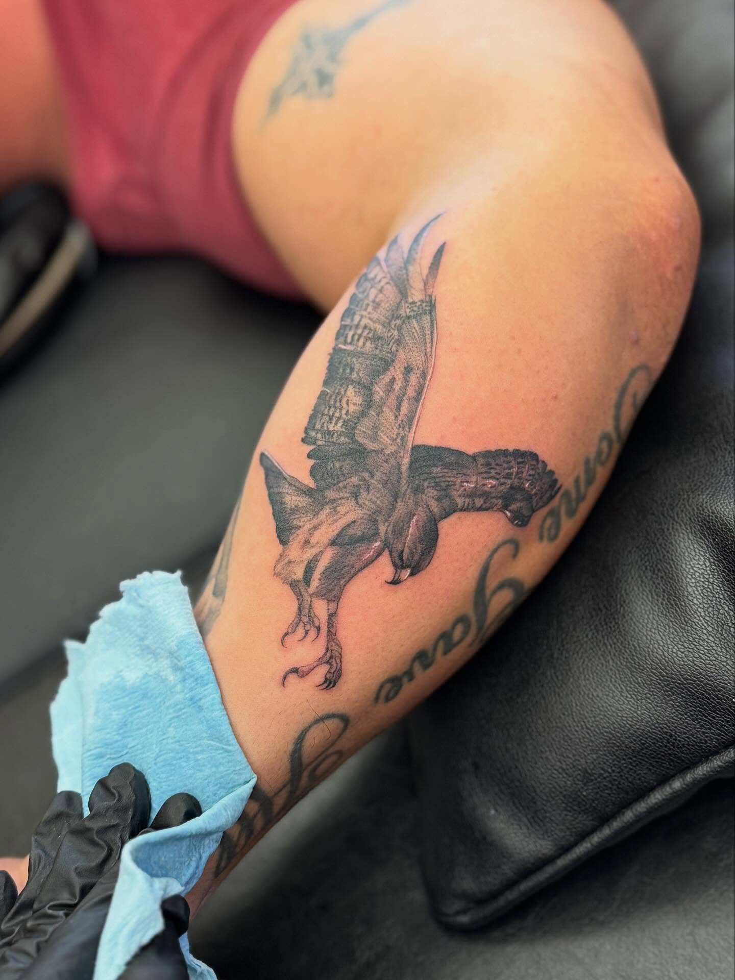 Bird and dinosaur black and grey tattoo on the forearm by Dre