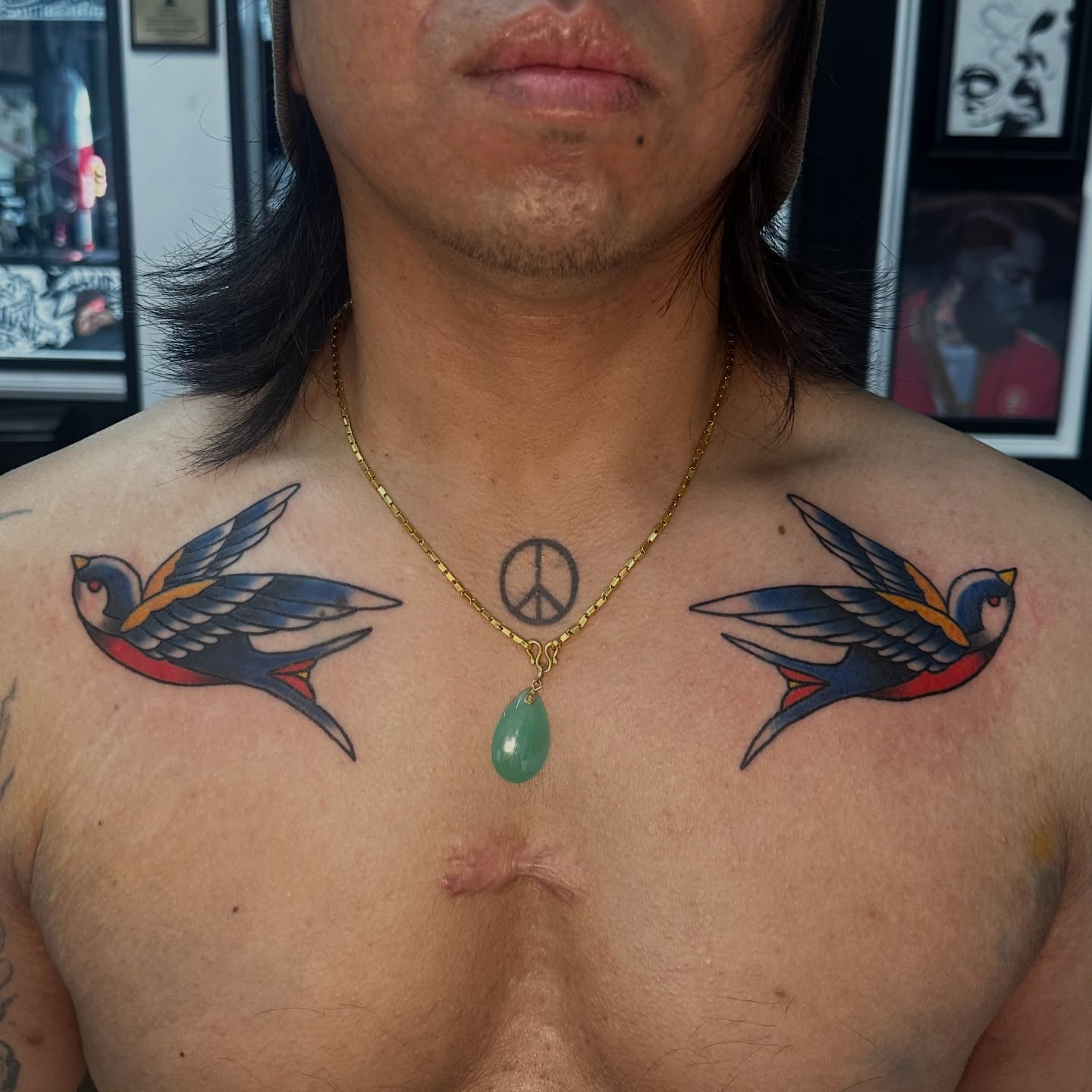Swallows American traditional tattoo on the chest by Drew’s Tattoos (NH)