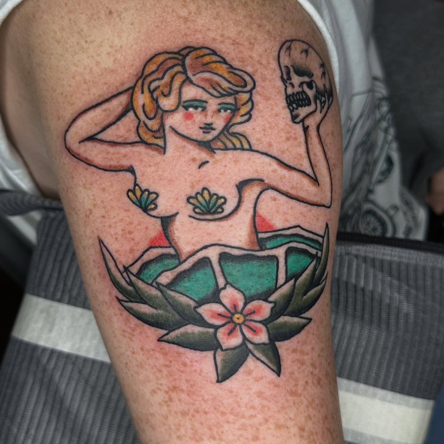 Mermaid American traditional tattoo on the thigh by Stephen Galena