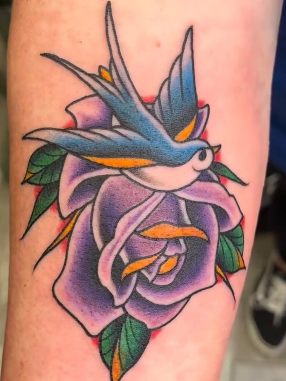 Swallow and rose fine line tattoo on the forearm by Joseph Kuma Warren, Memphis, Tennessee