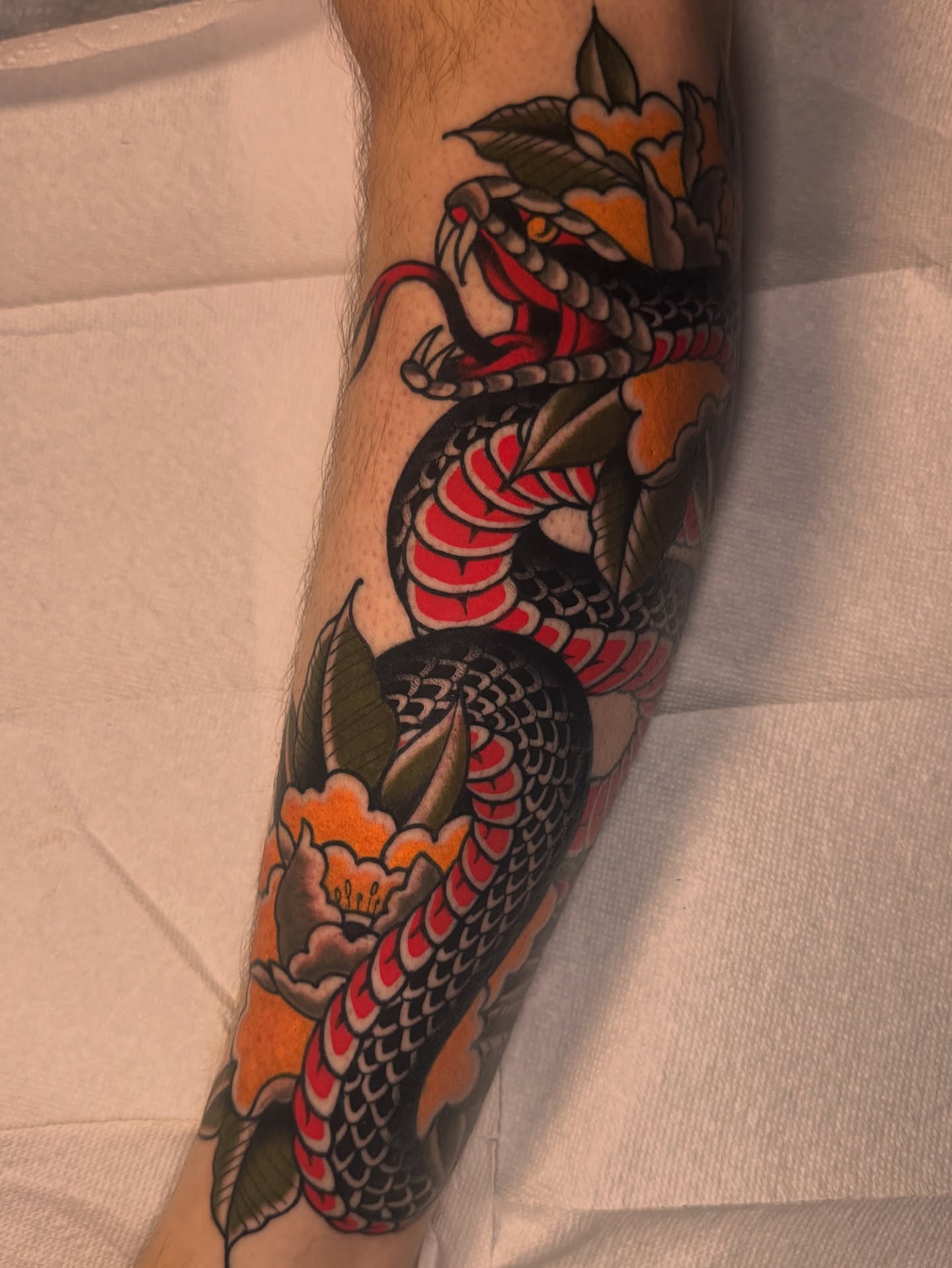 Snake and peony American traditional tattoo on the forearm by K y l e   M a c K e n z i e, Salem, Massachusetts