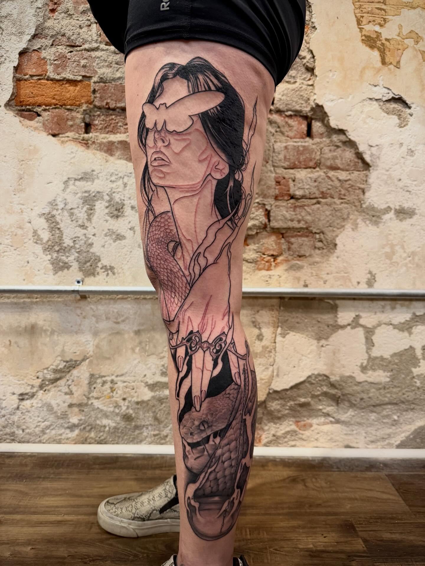 Woman with dragon realism tattoo on the leg by M.zopfi - Tattoo Artist