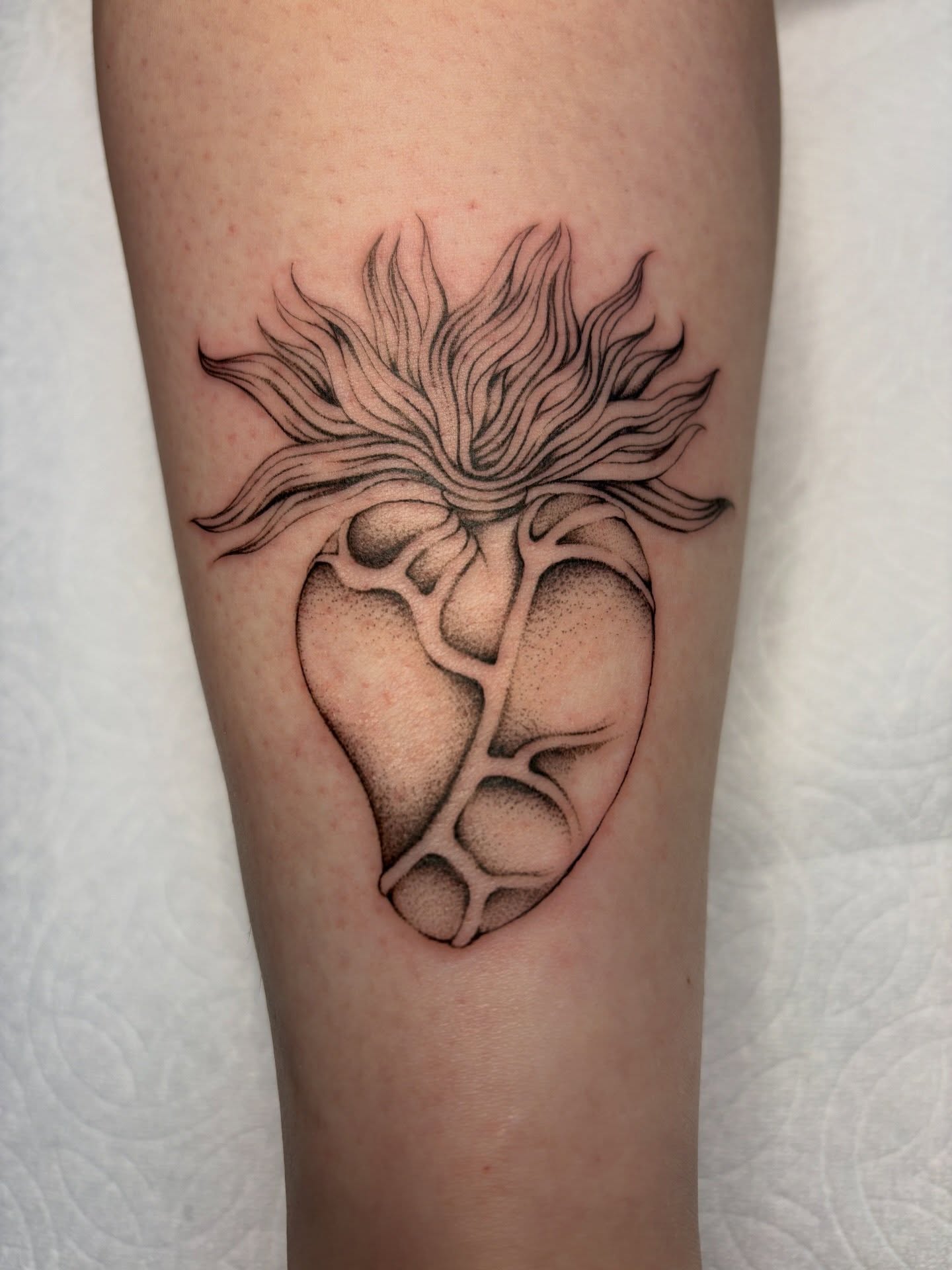 Heart with sunburst dotwork tattoo on the forearm by Nori