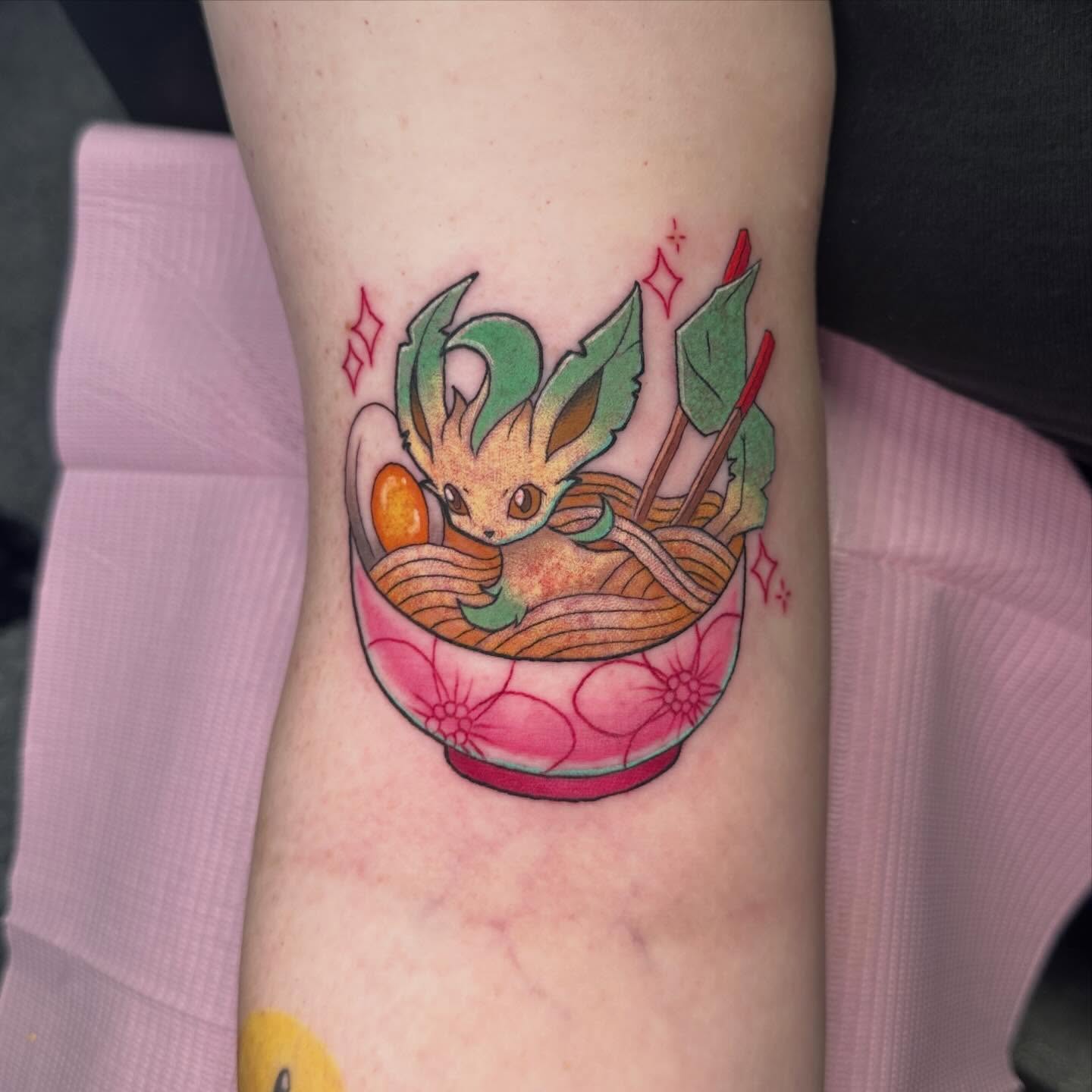 Ramen bowl with creature new school tattoo on the forearm by Victoria Parsons, Clarksville, Indiana