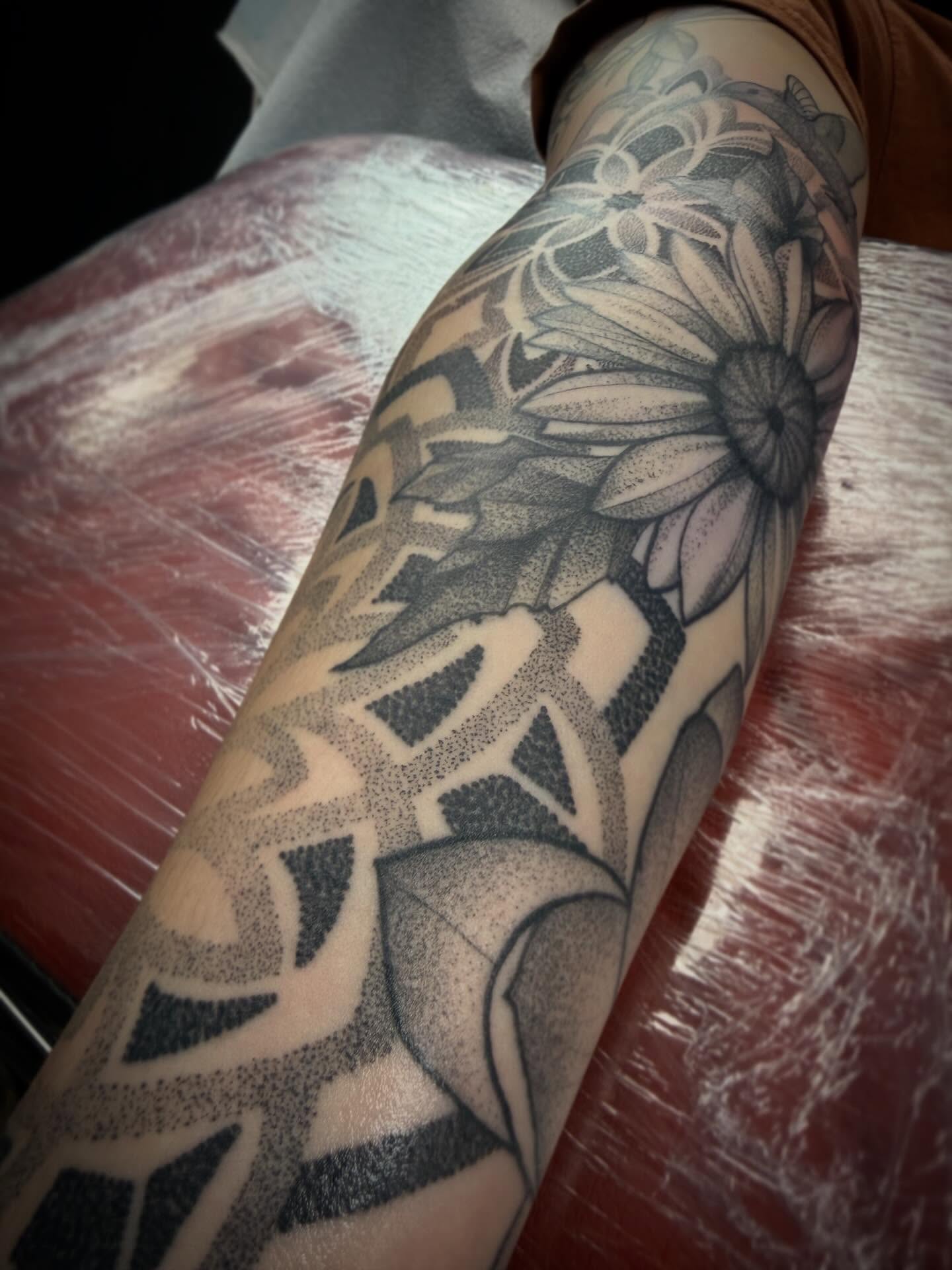 Floral design dotwork tattoo on the forearm by ☠Tanner Peterson☠, Knoxville, Iowa
