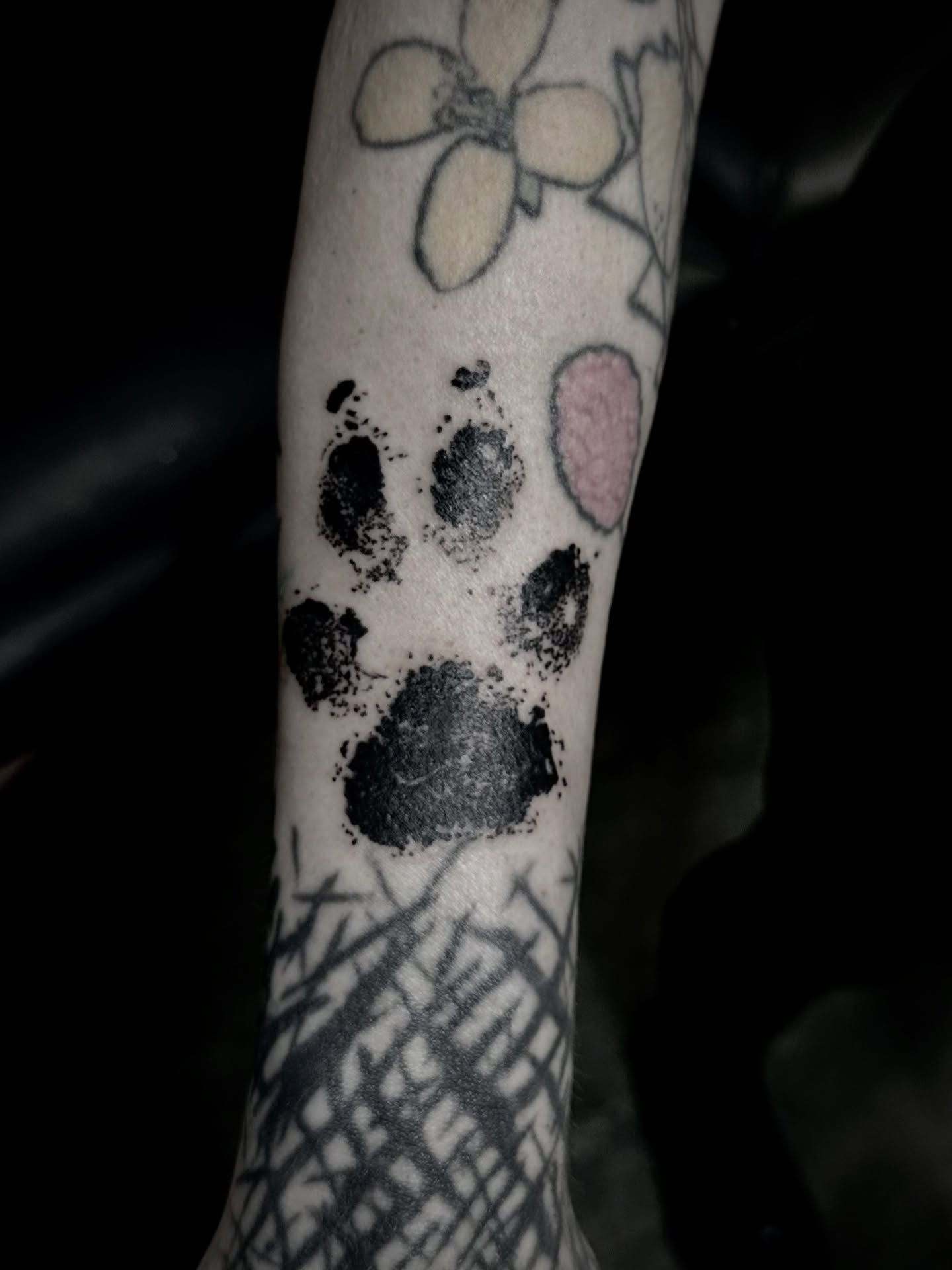 Paw print dotwork tattoo on the forearm by Noah Durany