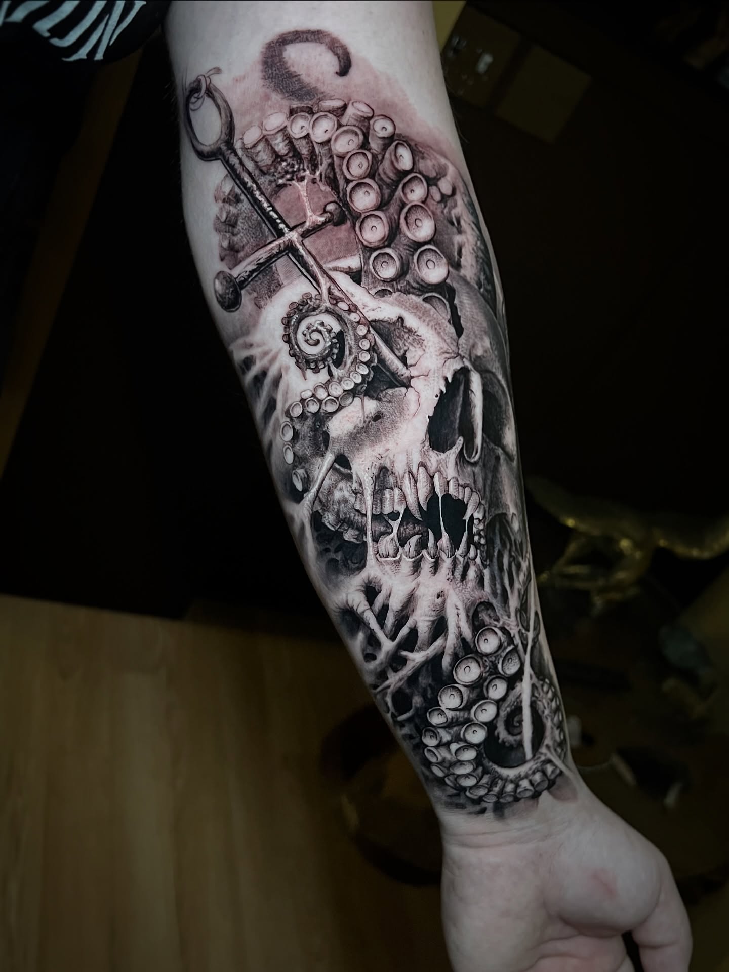 Tattoo by @aaronmckinneytattoo — black_and_grey, realism