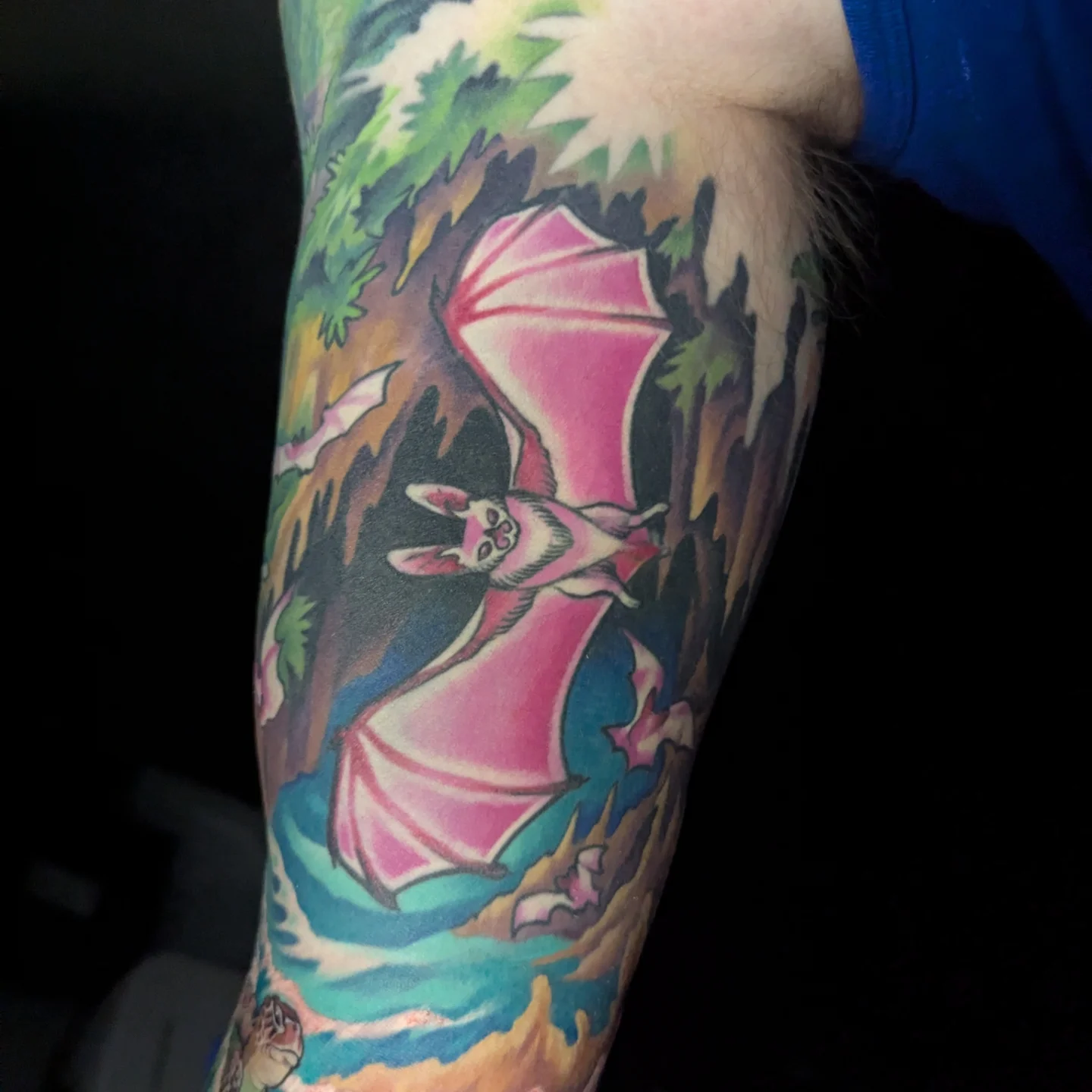 Bat new school tattoo on the forearm by Devon Greig