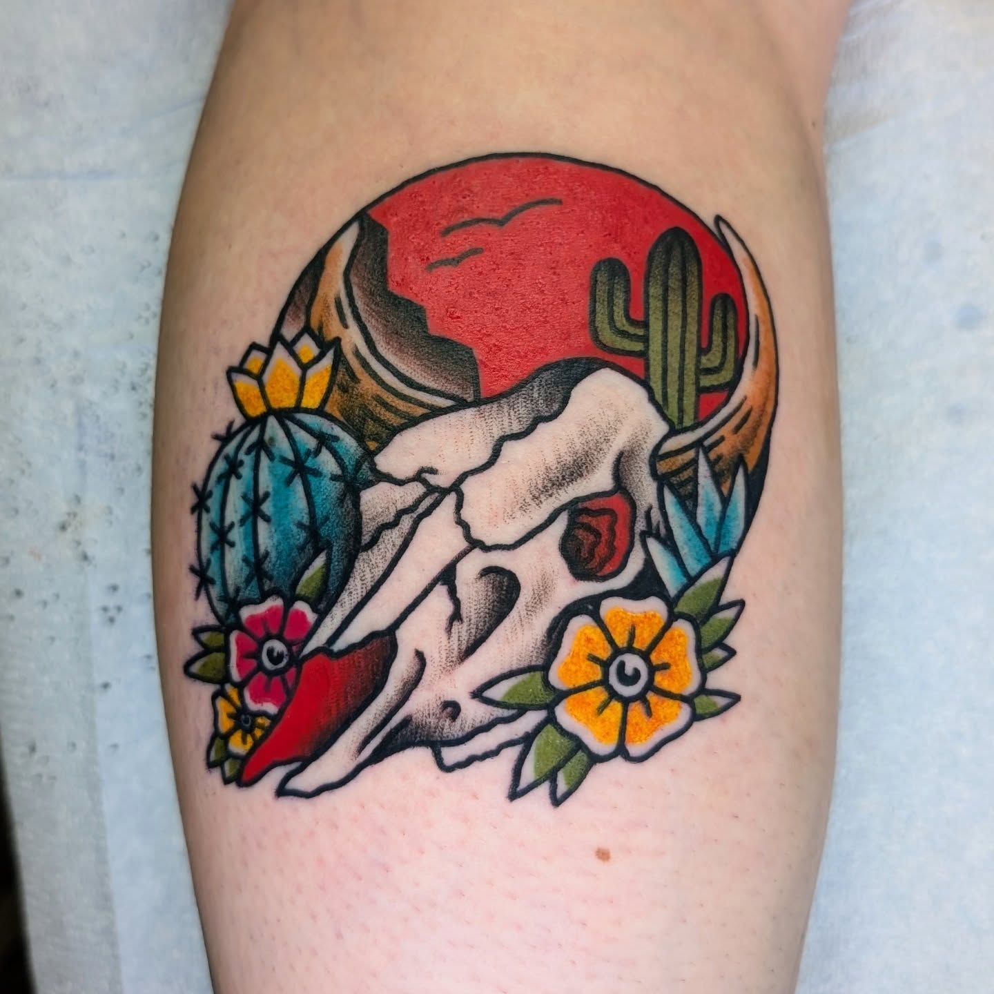 Cow skull and cactus American traditional tattoo on the forearm by Erik O'Steen, Medford, Massachusetts